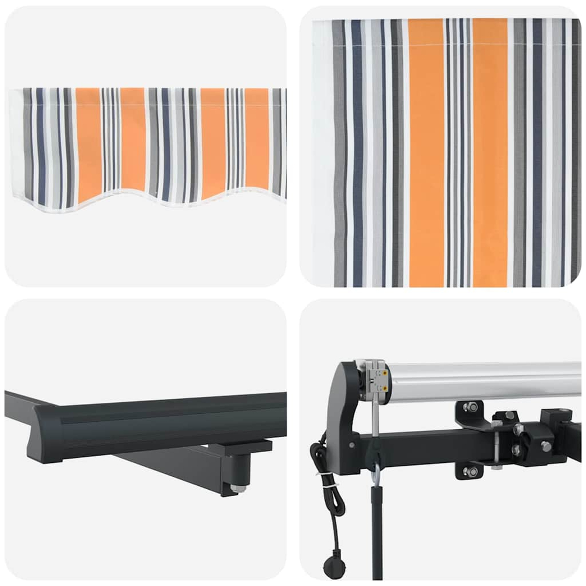 Vierteiliges Bild: gestreifte Markise in Orange, Grau und Weiß; Metallrahmen; Nahaufnahme des Mechanismus mit Stromkabel.