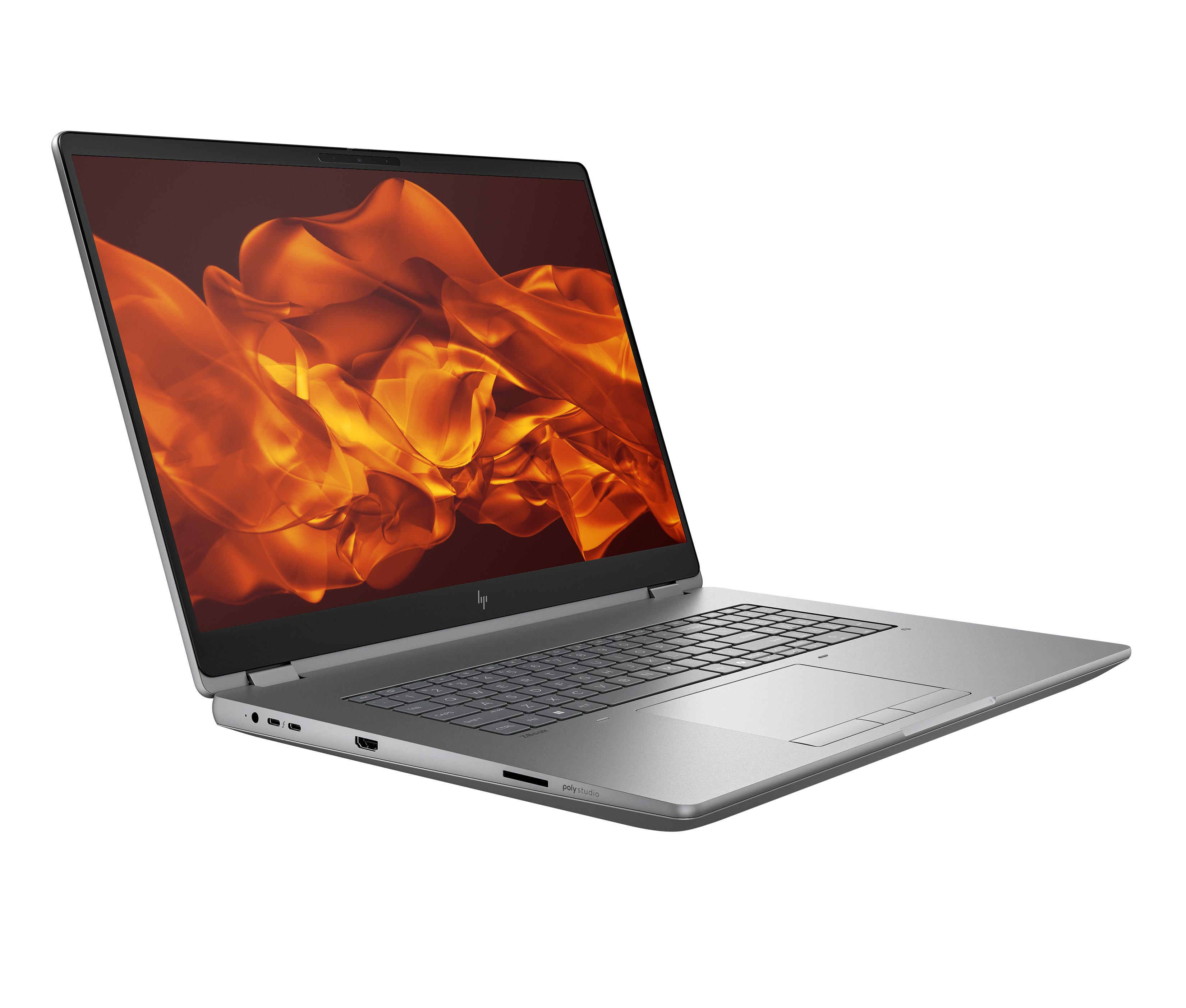 Un laptop argentato è aperto, mostra un design astratto arancione e giallo sullo schermo, con sfondo bianco.