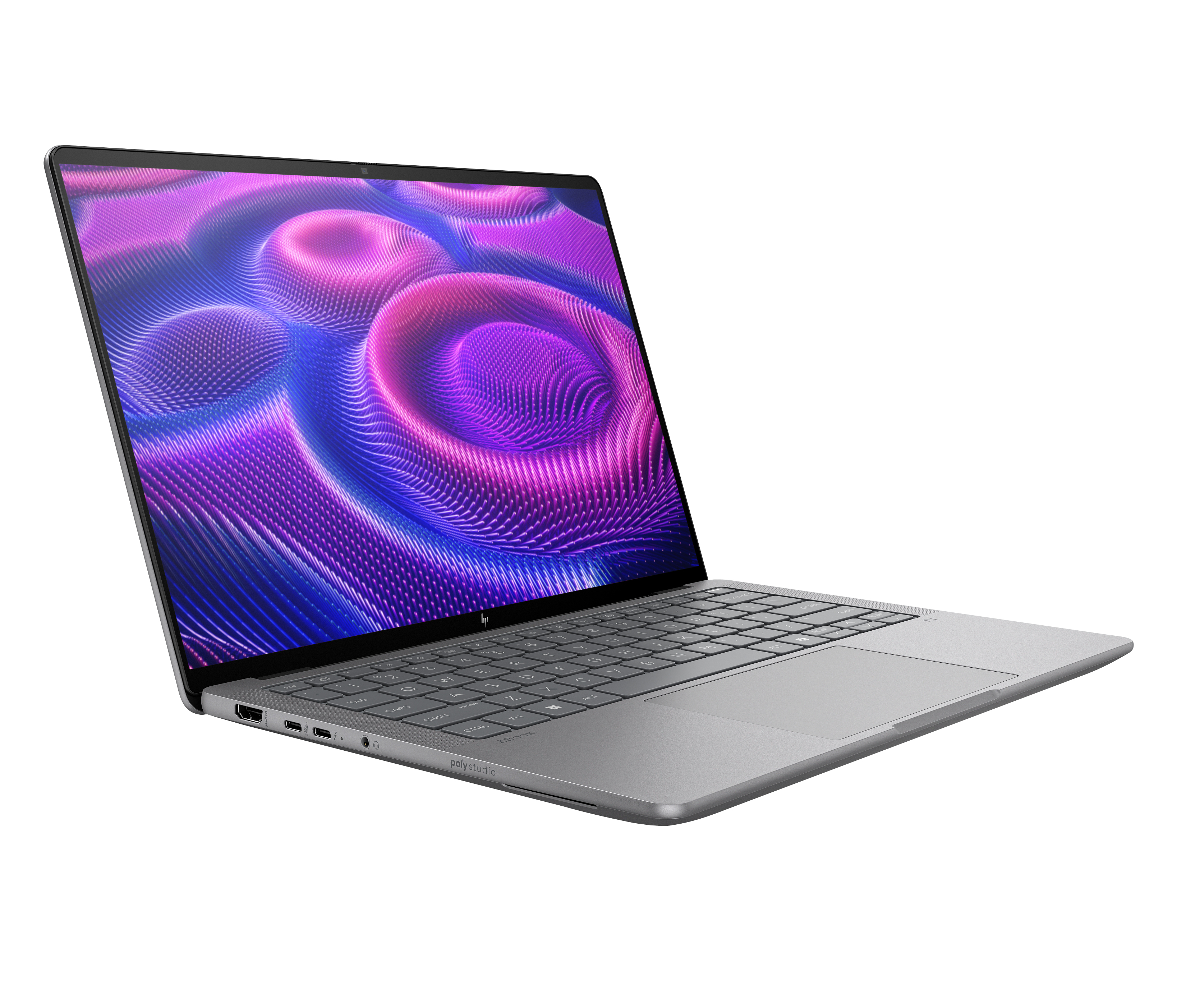 Un laptop HP argento è aperto, angolato verso destra. Lo schermo mostra un design ondulato con colori viola e blu.