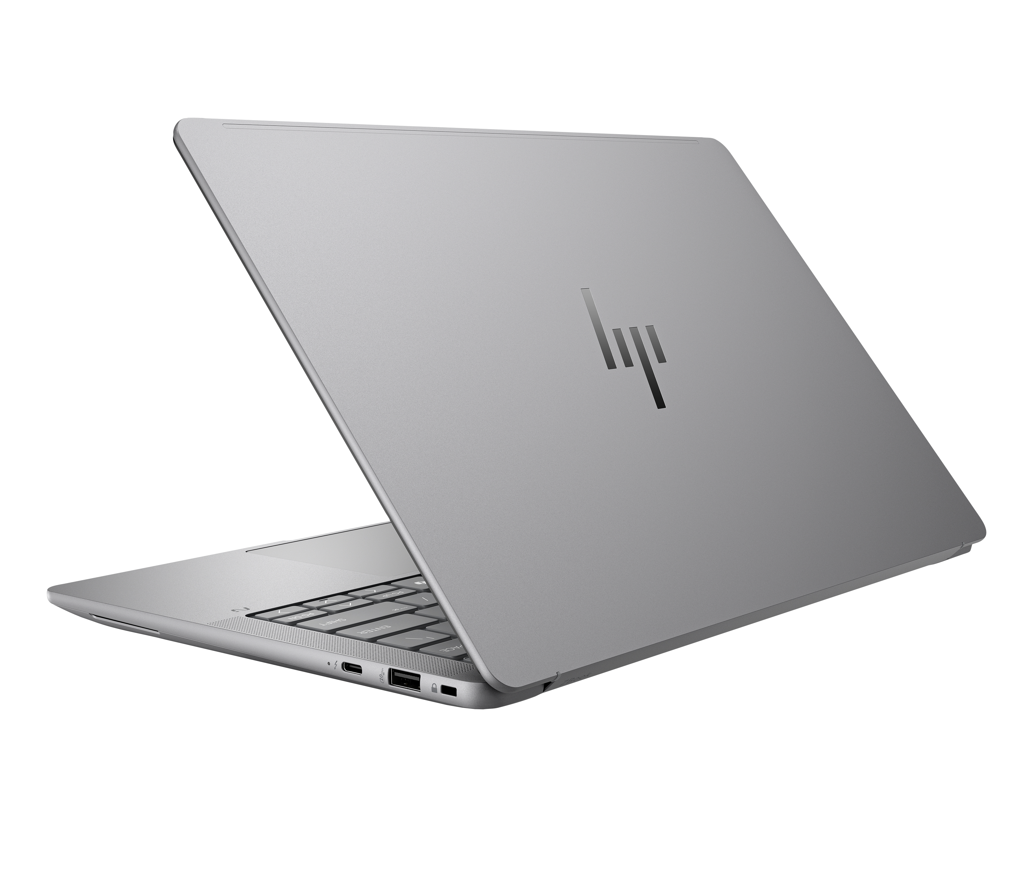 Laptop argento con coperchio aperto, che mostra la tastiera. Il logo HP è sul coperchio. Lo sfondo è bianco.