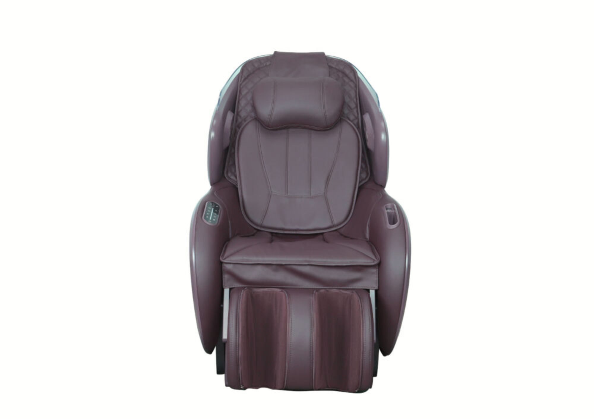 Un fauteuil de massage bordeaux est centré sur un fond blanc. Il comprend un appui-tête, des accoudoirs et un repose-pieds.