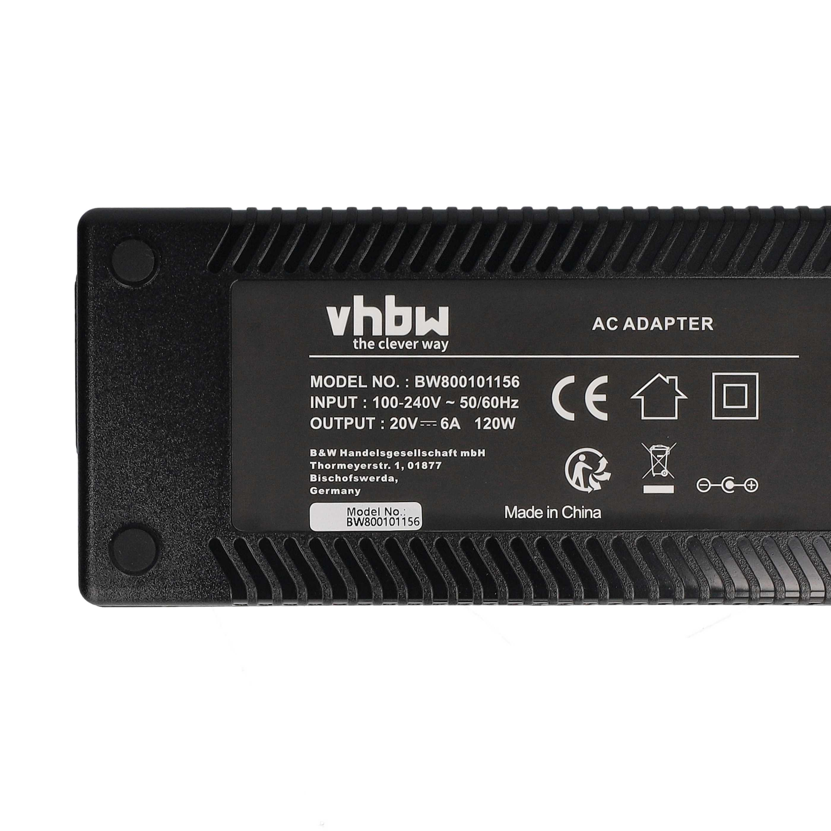 Schwarzes Netzteil mit weißem Text. Marke: vhbw. Modell: BW800101156. Eingang: 100-240V. Ausgang: 20V-6A-120W. Hergestellt in China.
