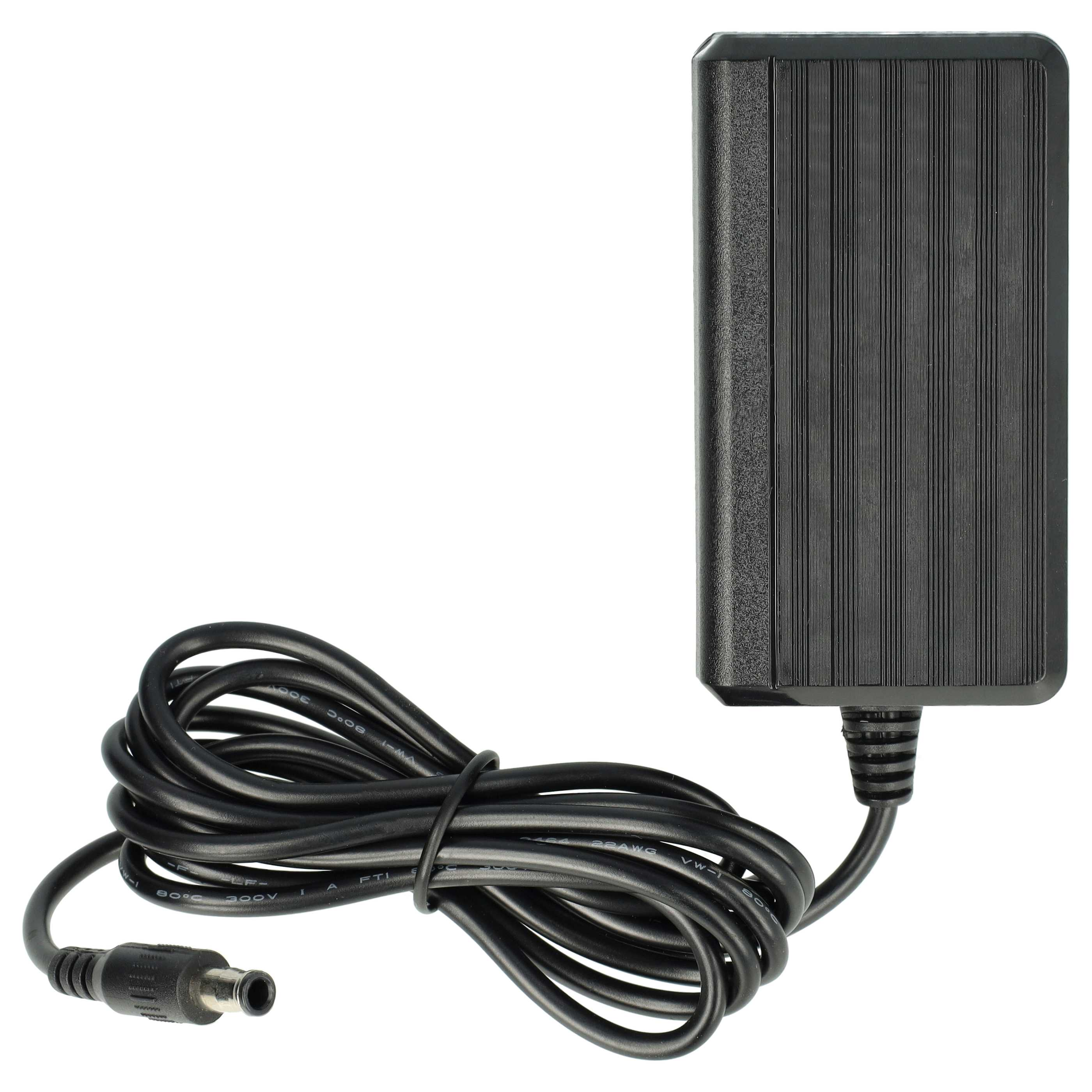 Schwarzes Netzteil mit schwarzem Kabel. Der Adapter ist rechteckig mit geriffelter Oberfläche. Das Kabel ist aufgerollt.