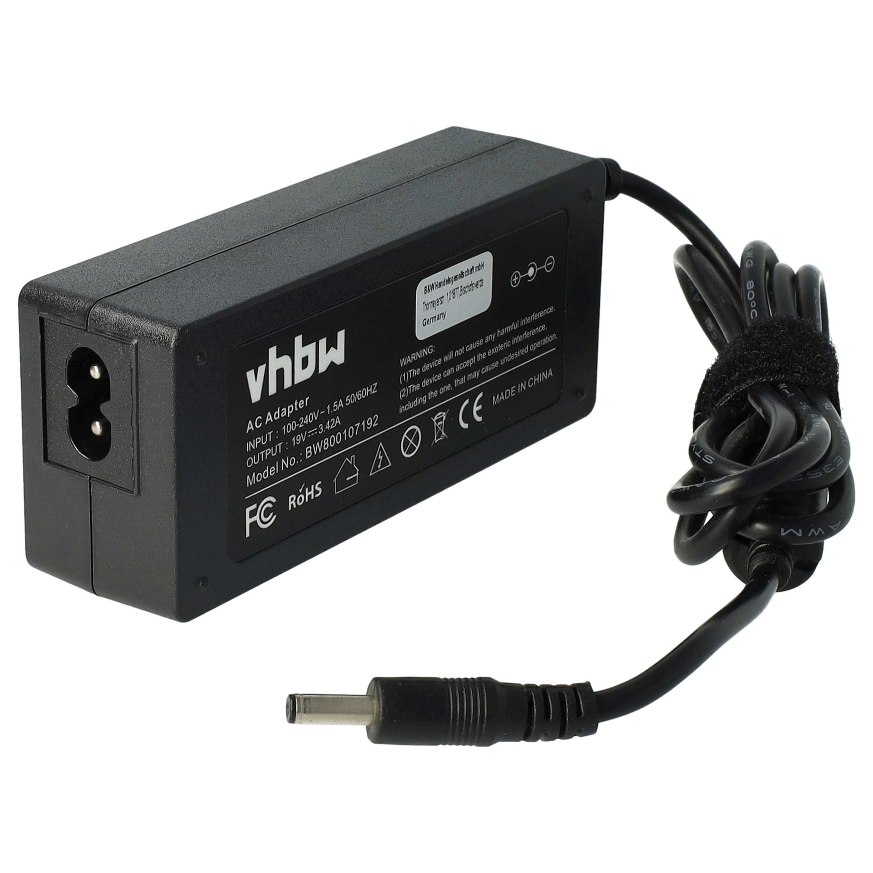 Schwarzer AC-Adapter mit Netzkabel. Er hat das vhbw-Logo und verschiedene technische Details aufgedruckt.