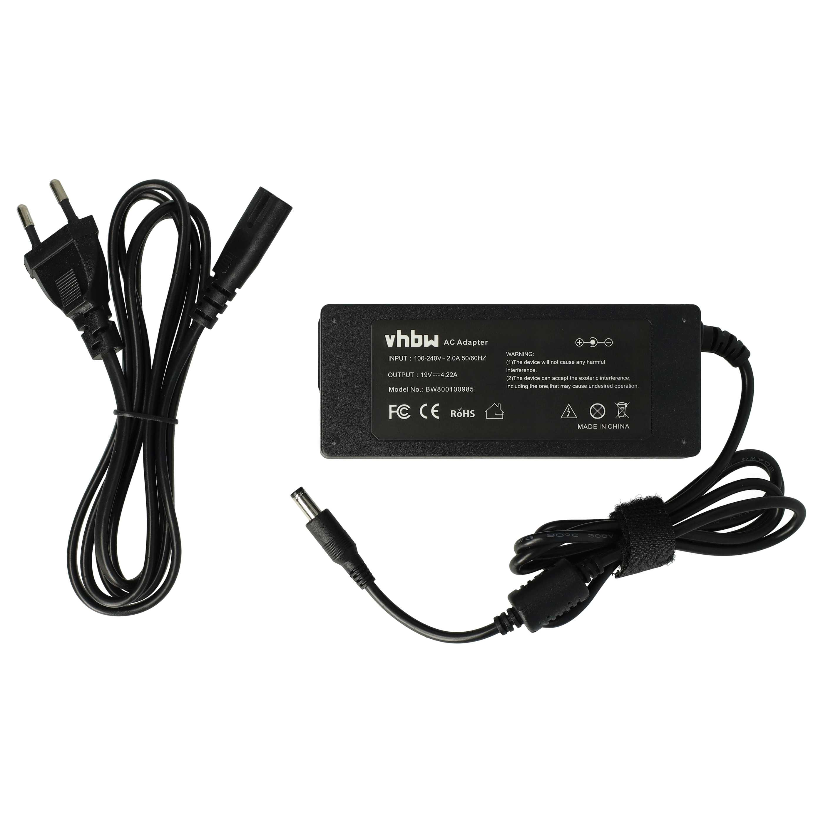 Schwarzes AC-Adapter mit Kabel, Stecker und Spezifikationen. Text auf dem Adapter lautet 'vhbw AC Adapter'.