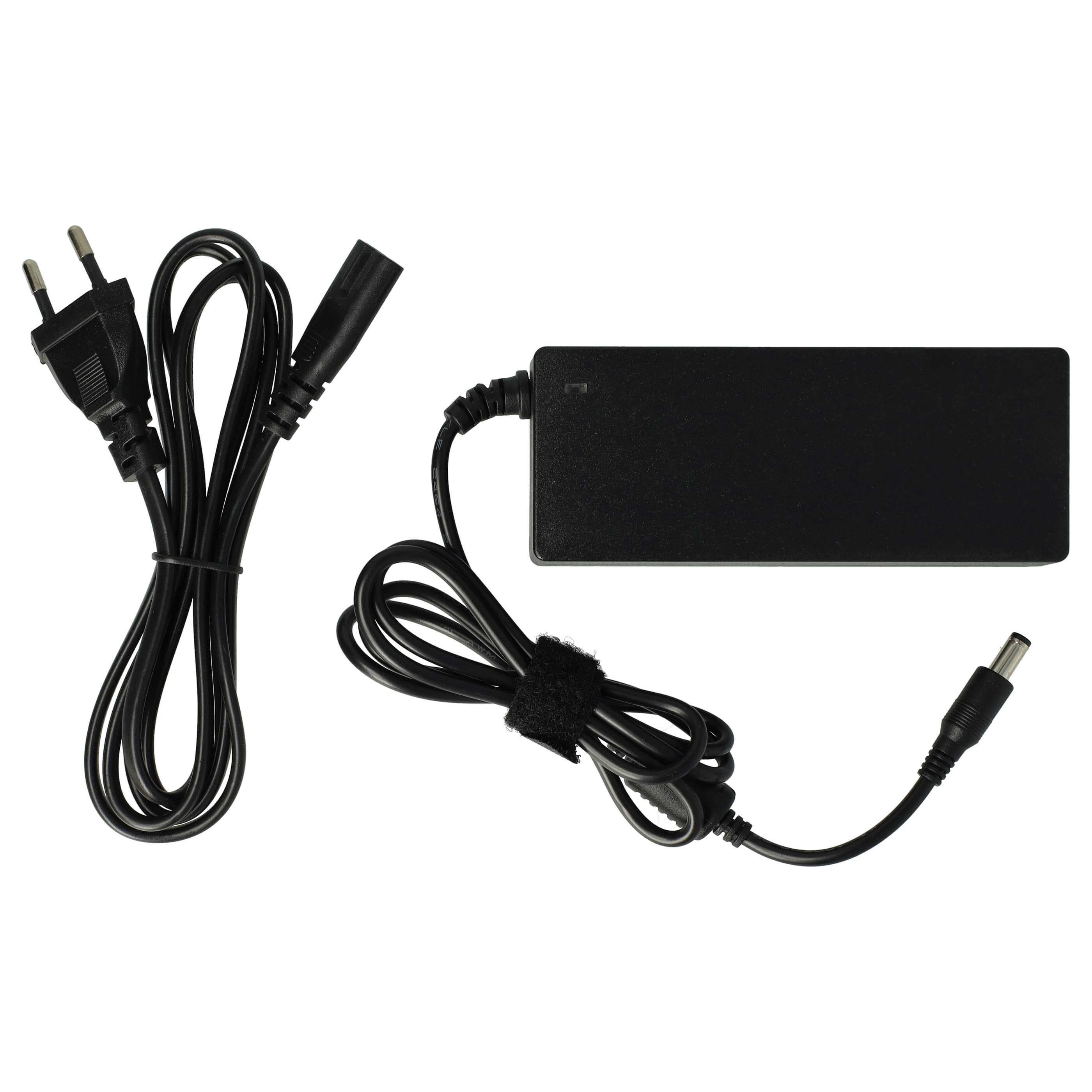 Schwarzes Laptop-Netzteil mit Zweipolstecker und separatem Gleichstromanschluss auf weißem Hintergrund.