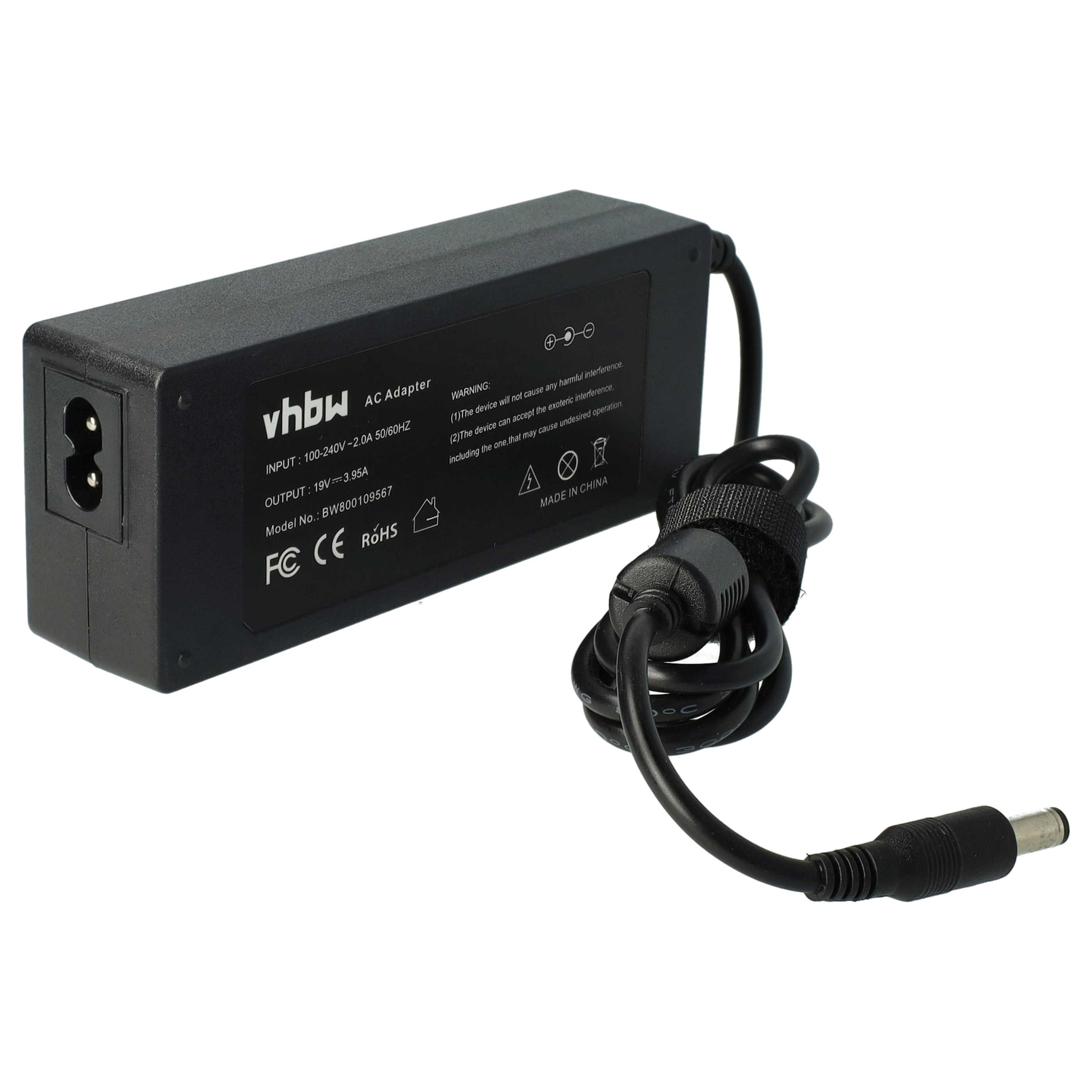 Schwarzes Vhbw AC-Adapter. Es hat ein Netzkabel, das mit einem Stecker verbunden ist. Der Adapter hat Etiketten und einen Stromeingang.