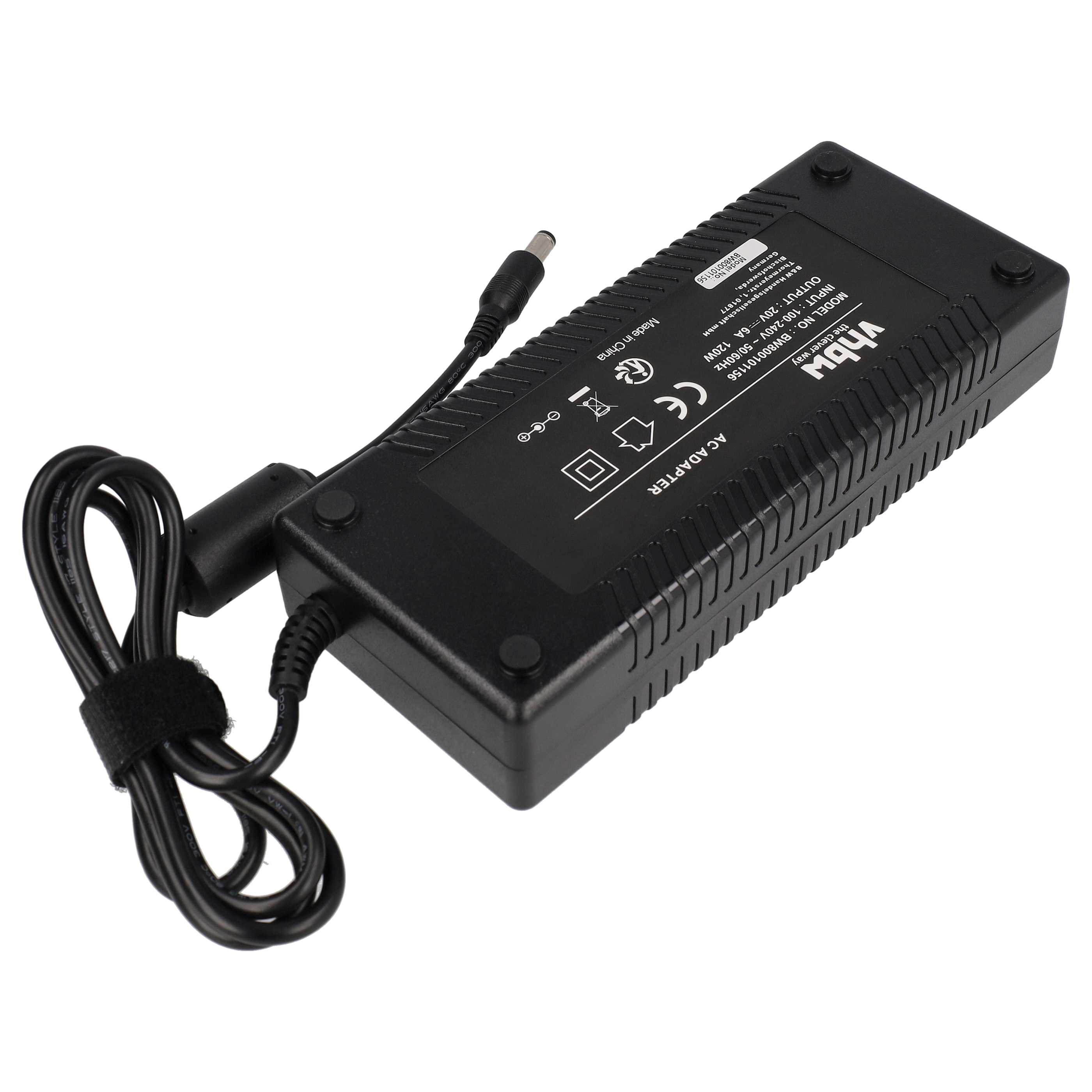 Schwarzes AC-Netzteil mit schwarzem Kabel und Stecker. Das Netzteil hat weißen Text und Symbole.