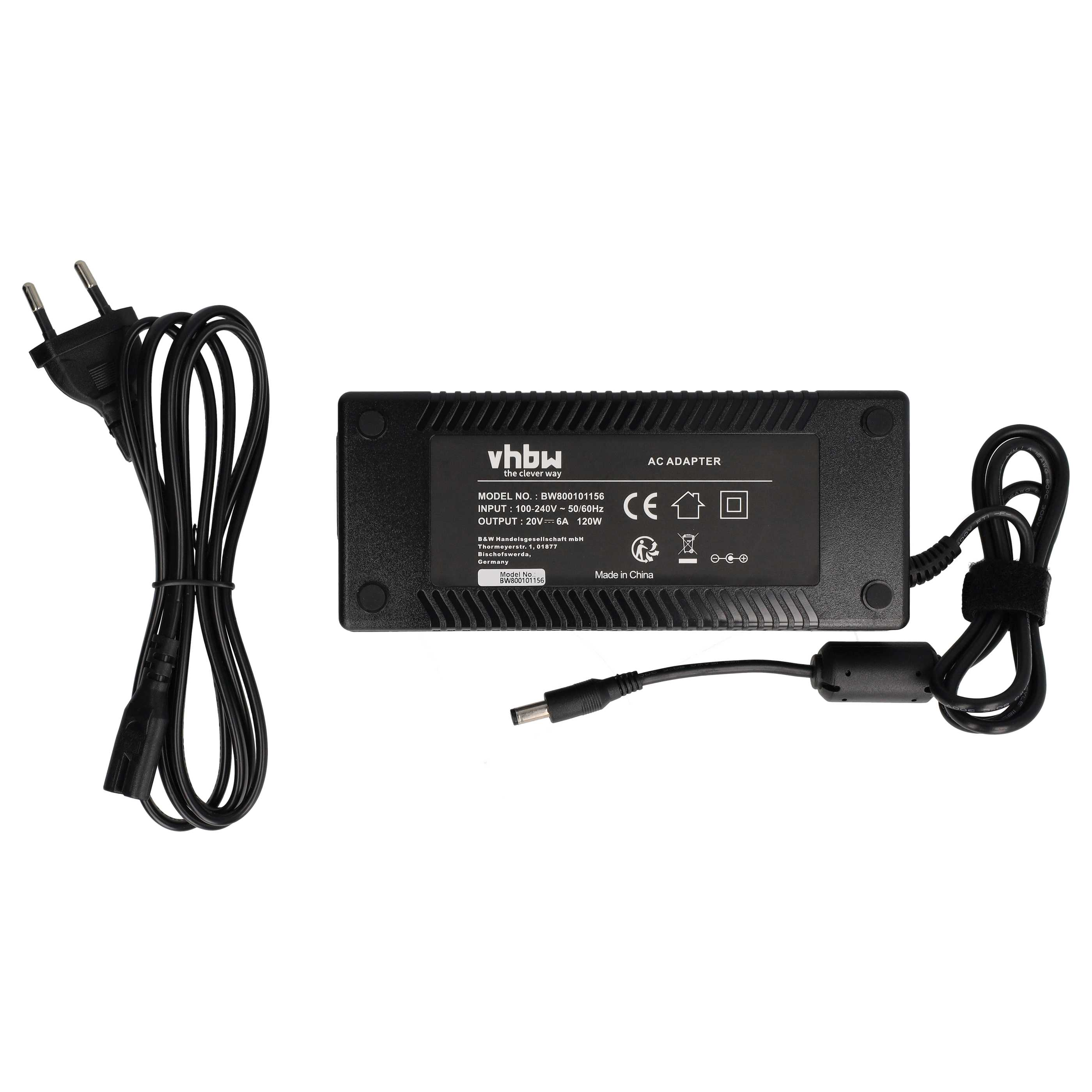 Schwarzes Netzteil mit Netzkabel und Stecker. Der Adapter hat Text und Symbole.