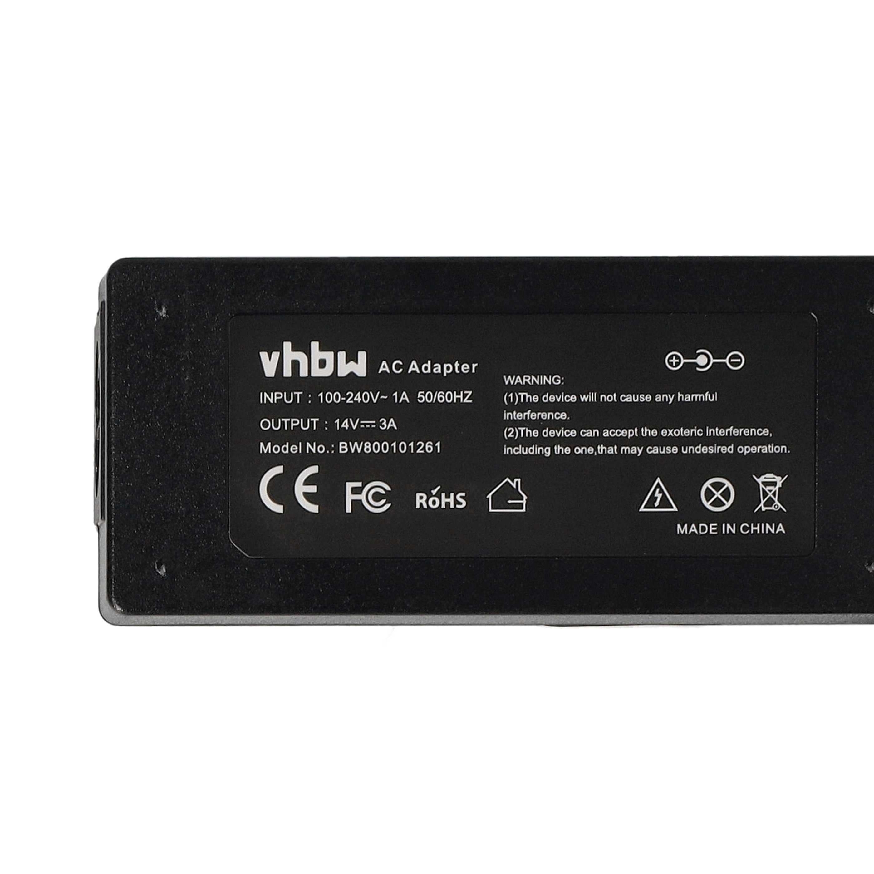 Schwarzer AC-Adapter mit weißem Text. Er trägt den Markennamen 'vhbw' und technische Daten. Warnhinweise und Zertifizierungen sind ebenfalls sichtbar.