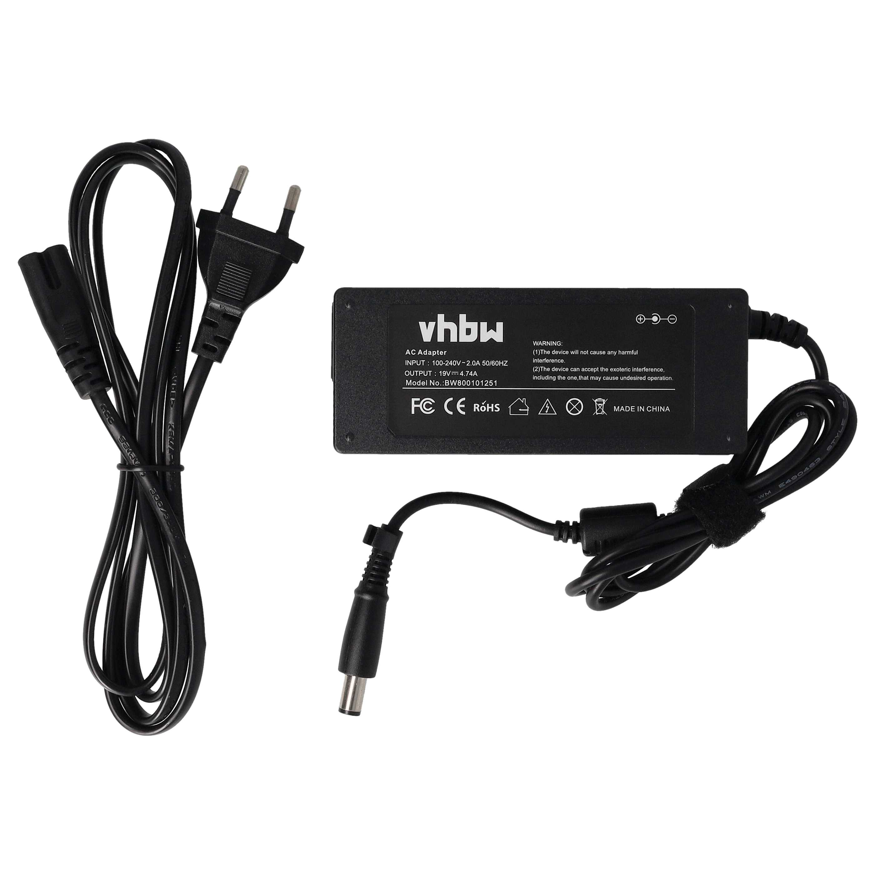 Ein schwarzer AC-Adapter mit Netzkabel und Stecker. Der Adapter hat das vhbw-Logo und Spezifikationen.