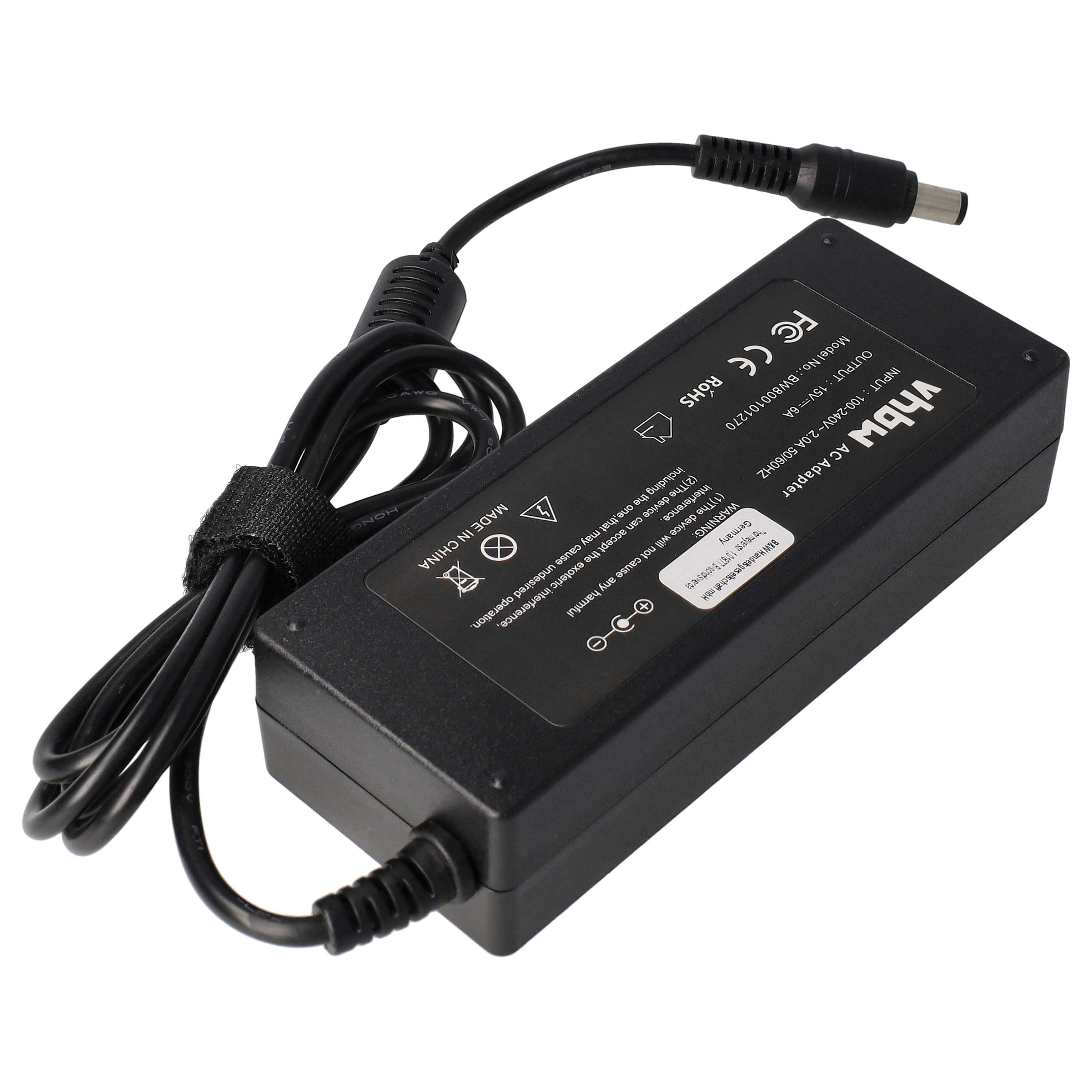 Schwarzes AC-Adapter mit angeschlossenem Kabel. Text enthält Marke, Modell und technische Daten. Hergestellt in China.