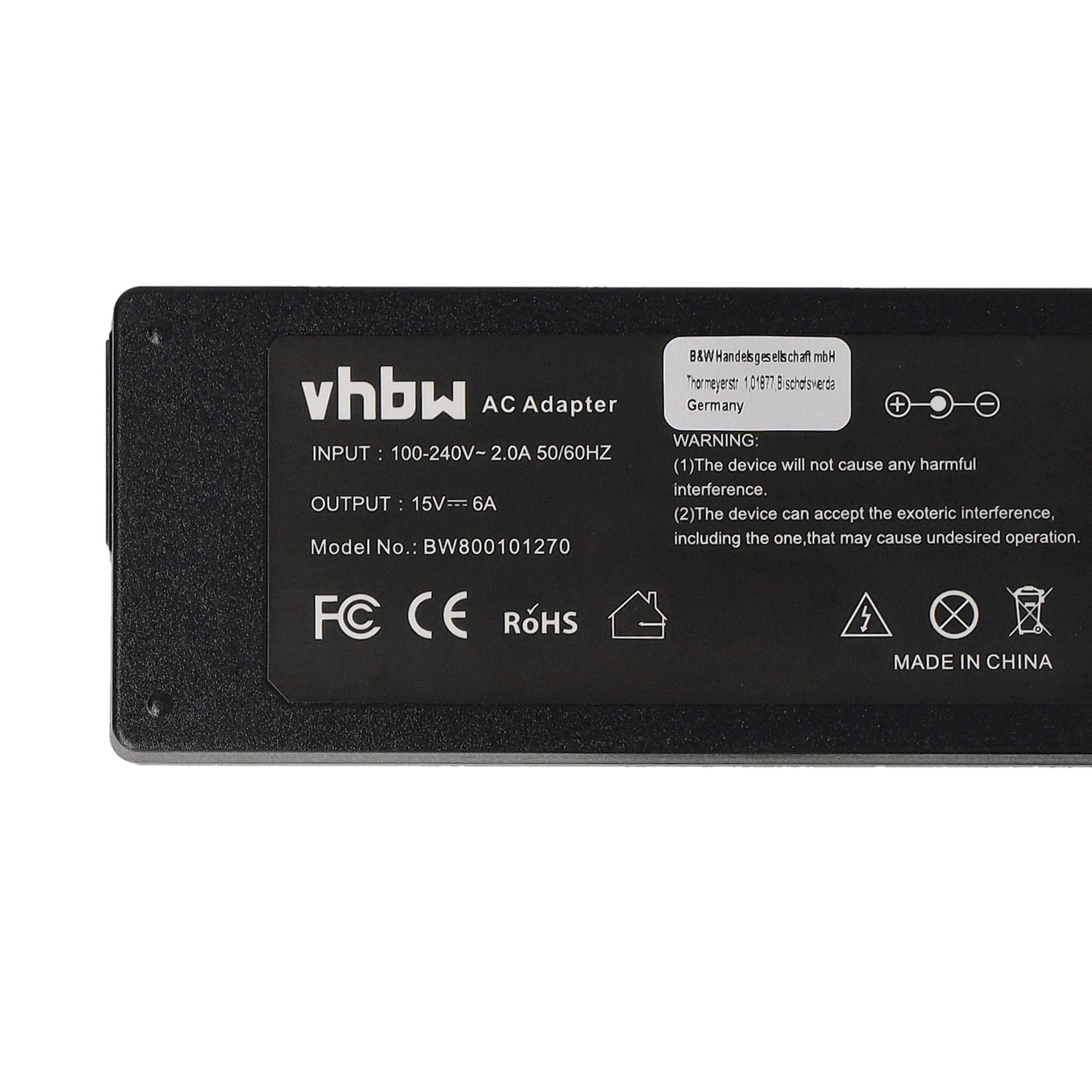 Ein schwarzes AC-Adapter mit weißem Text. Es zeigt die Marke vhbw, Eingangs- und Ausgangsspezifikationen und Warnhinweise an.