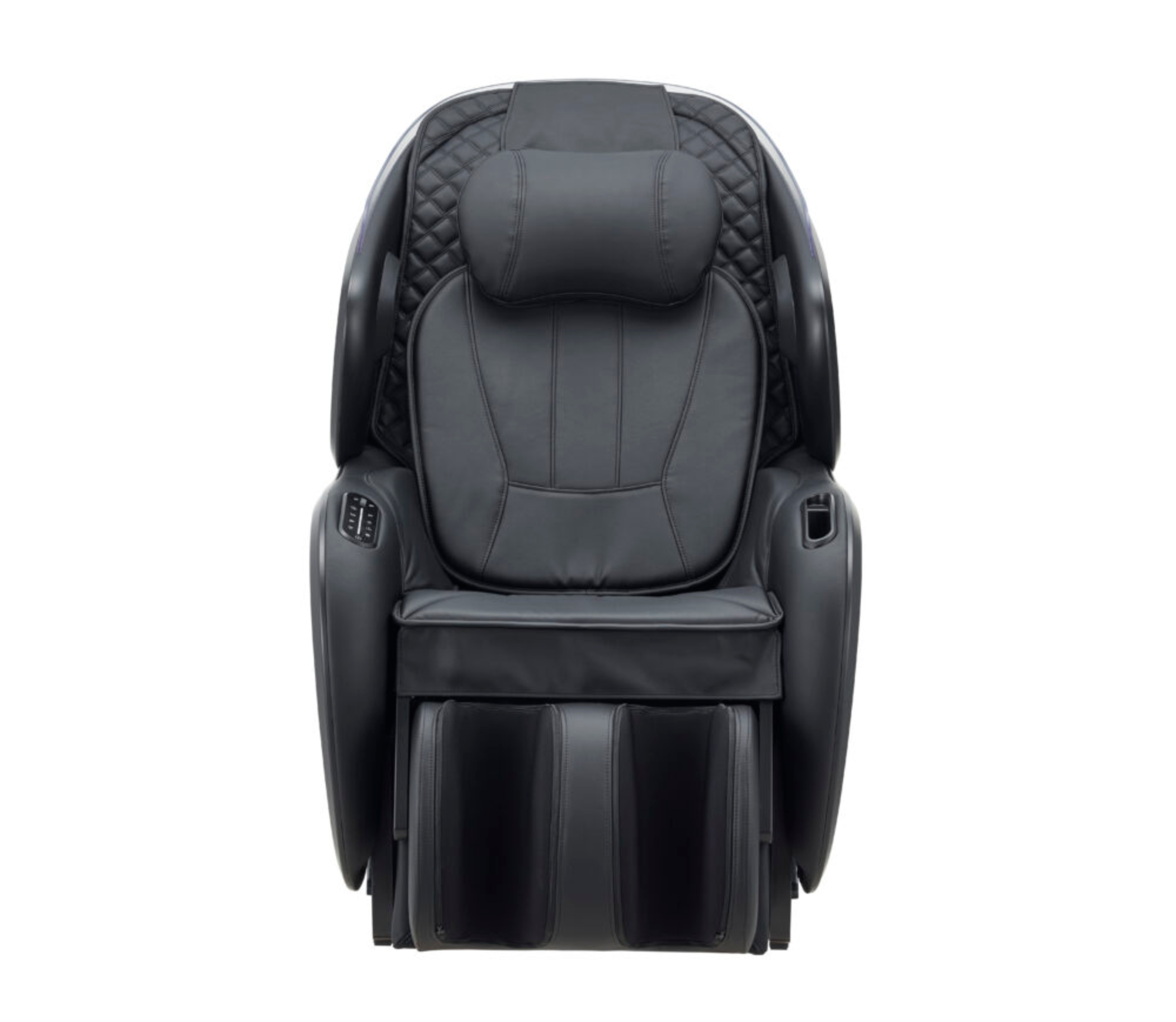 Un fauteuil de massage noir avec un dossier et un appuie-tête matelassés. La chaise est sur fond blanc.