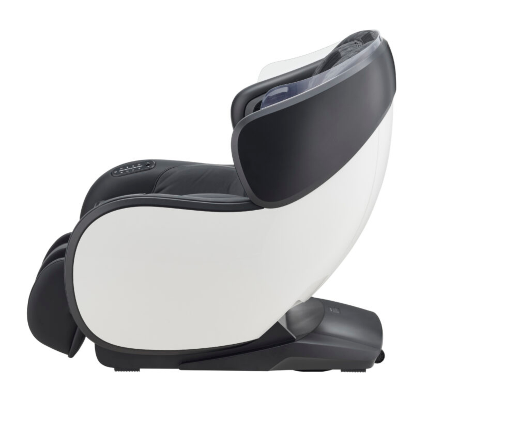 Un fauteuil de massage moderne, vue latérale. Il a un corps blanc avec des accents noirs. Isolé sur fond blanc.