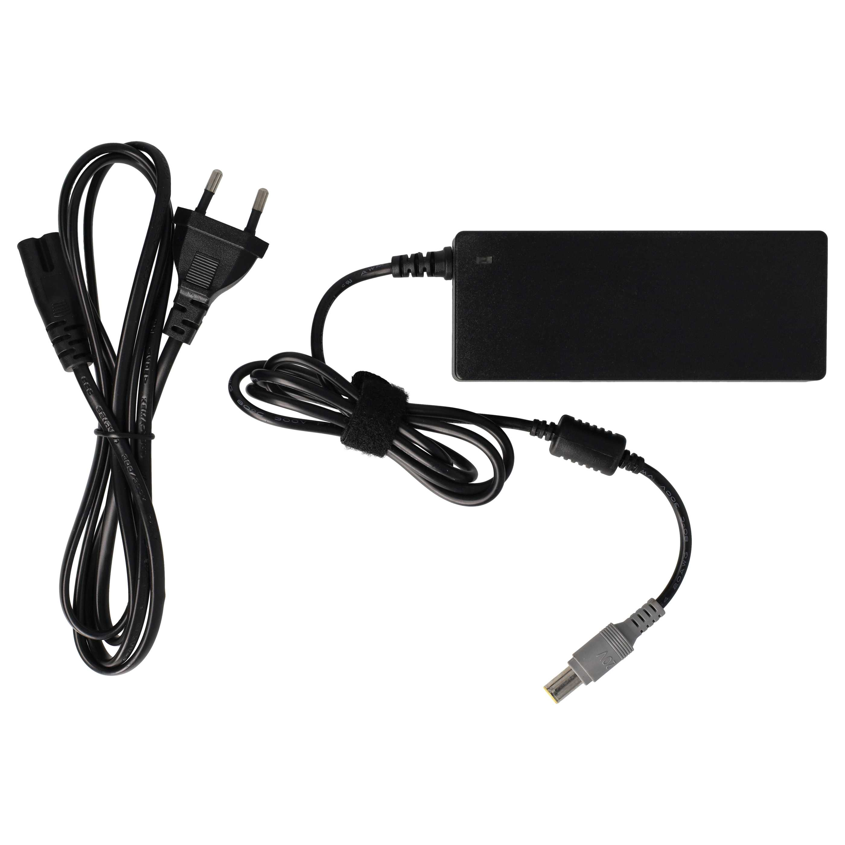 Schwarzes Laptop-Ladegerät auf weißem Hintergrund. Es hat zwei Kabel: eines mit Stecker und eines zum Anschluss an den Laptop.