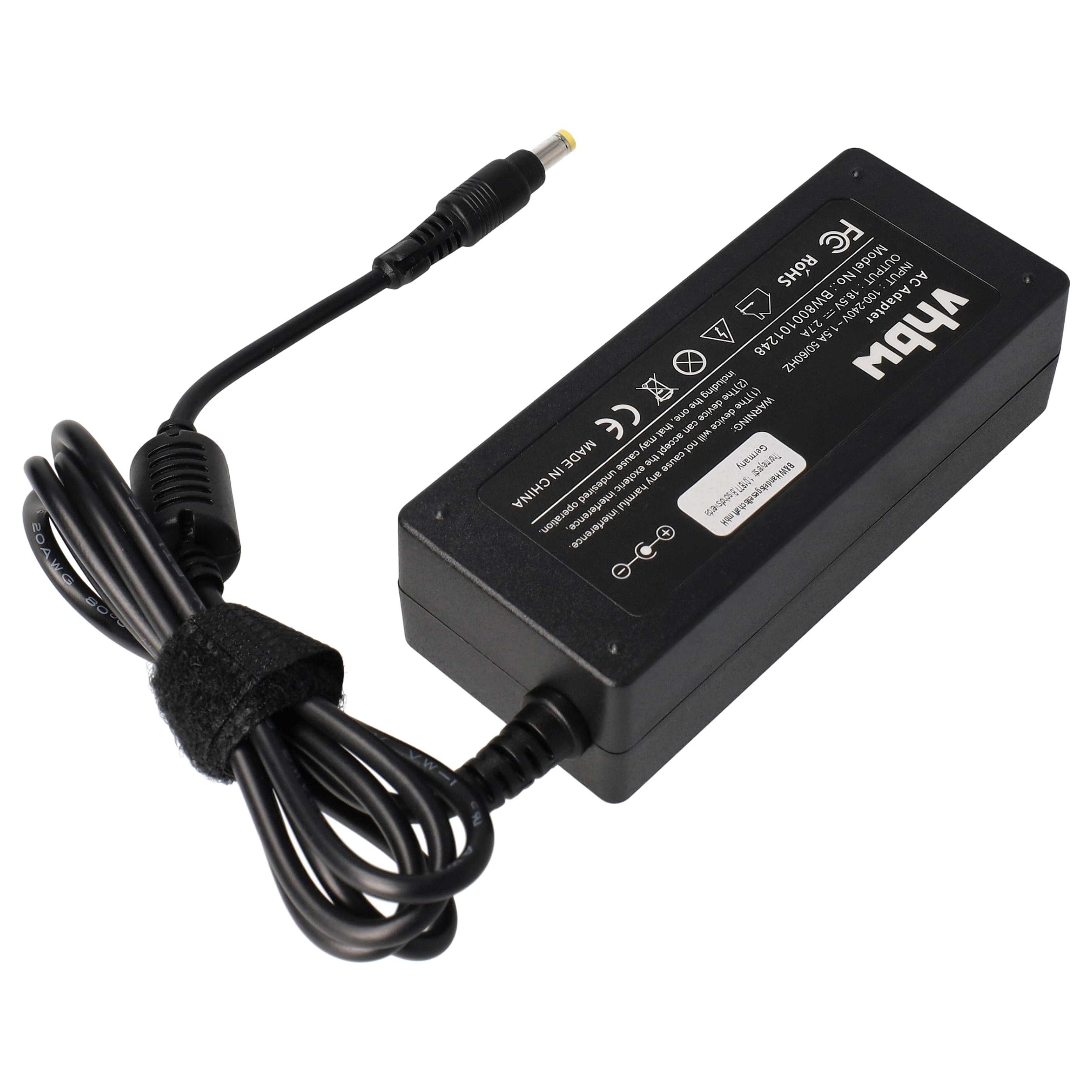 Schwarzes Laptop-Ladegerät mit schwarzem Kabel und Stecker, gekennzeichnet mit vhbw und anderen Zulassungssymbolen.