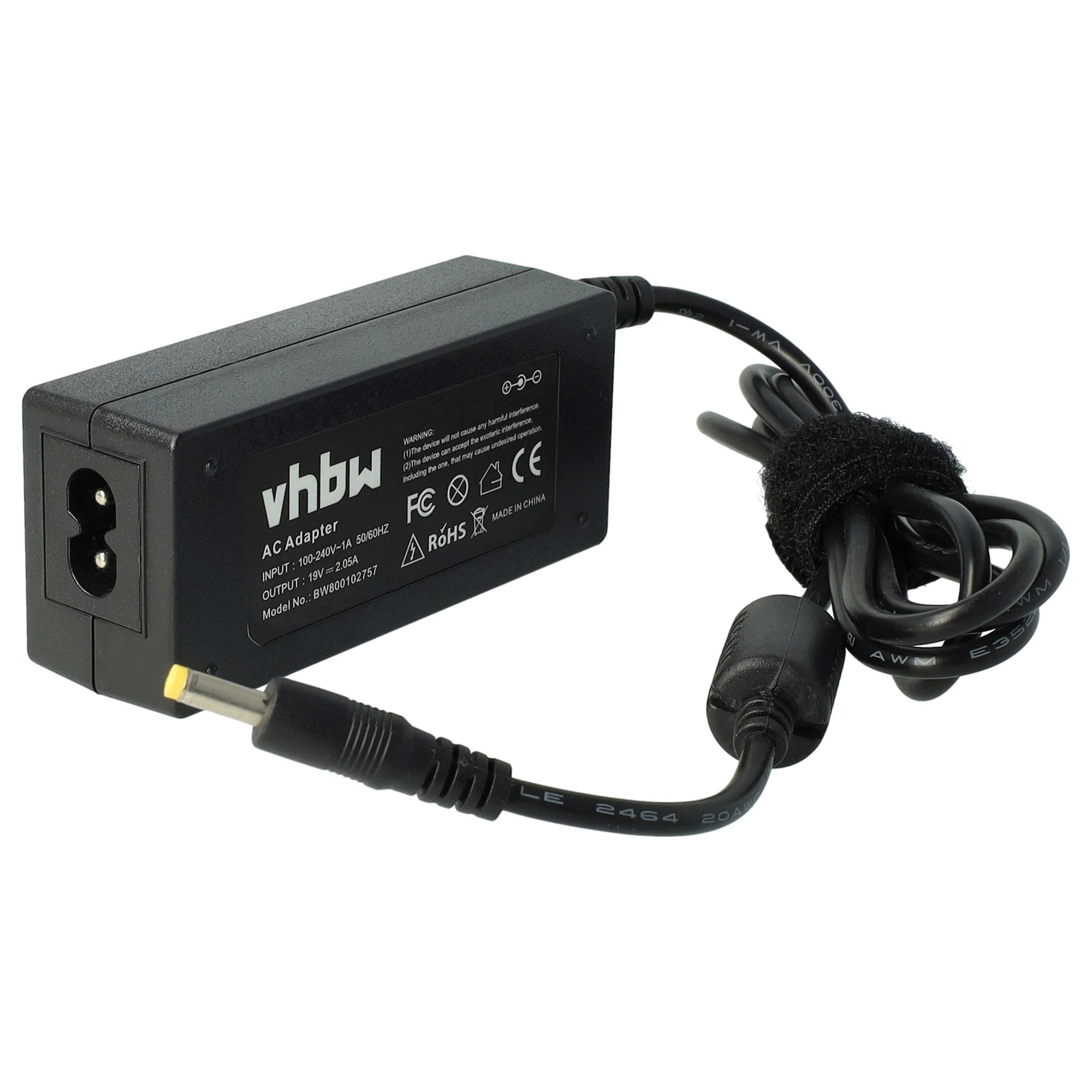 Schwarzes AC-Adapter mit Netzkabel, sichtbarer Text: vhbw, Eingangs-/Ausgangsdetails und Warnhinweise. Das Kabel hat einen Klettverschluss.