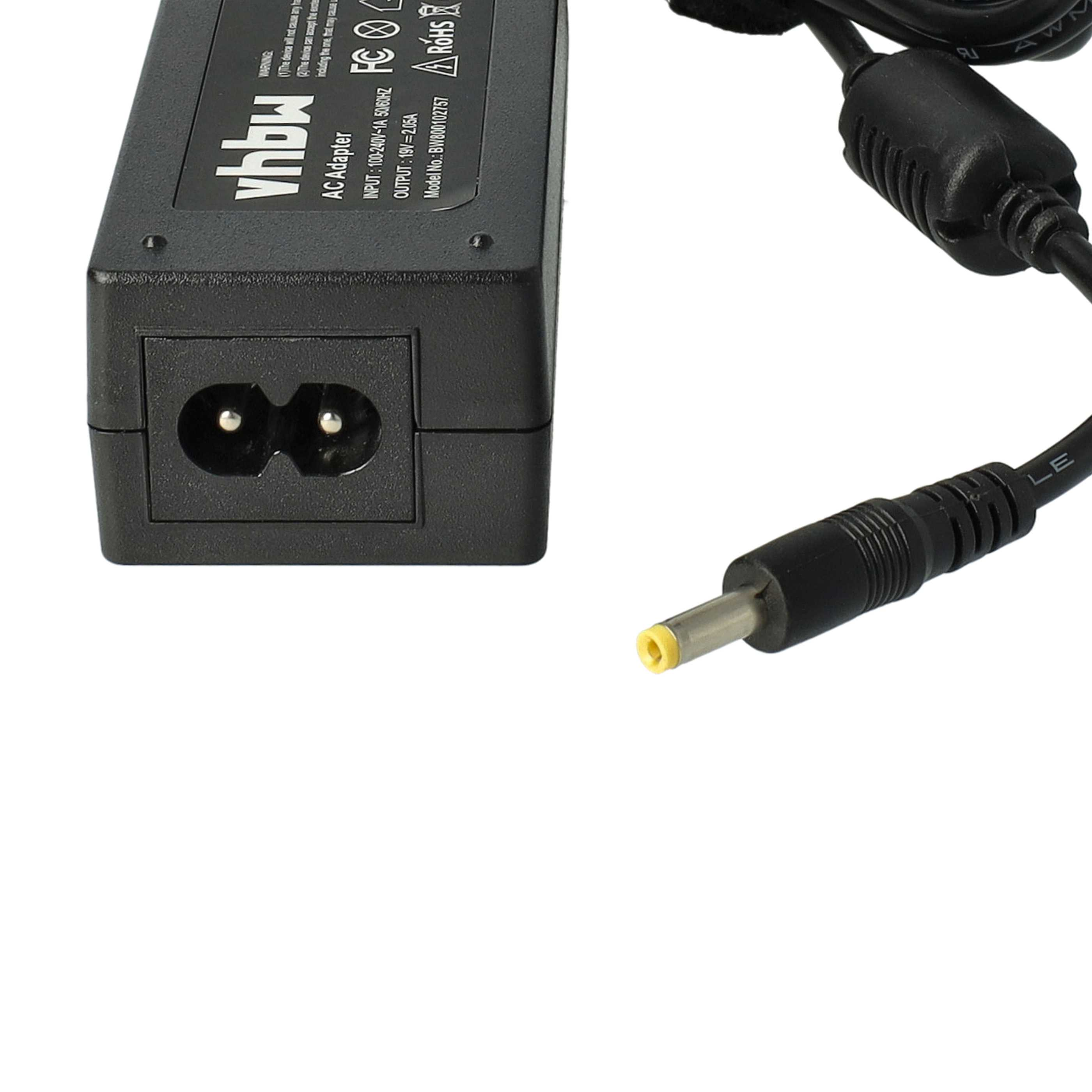 Schwarzes Laptop-Netzteil mit Netzkabel und gelbspitzigem Stecker.