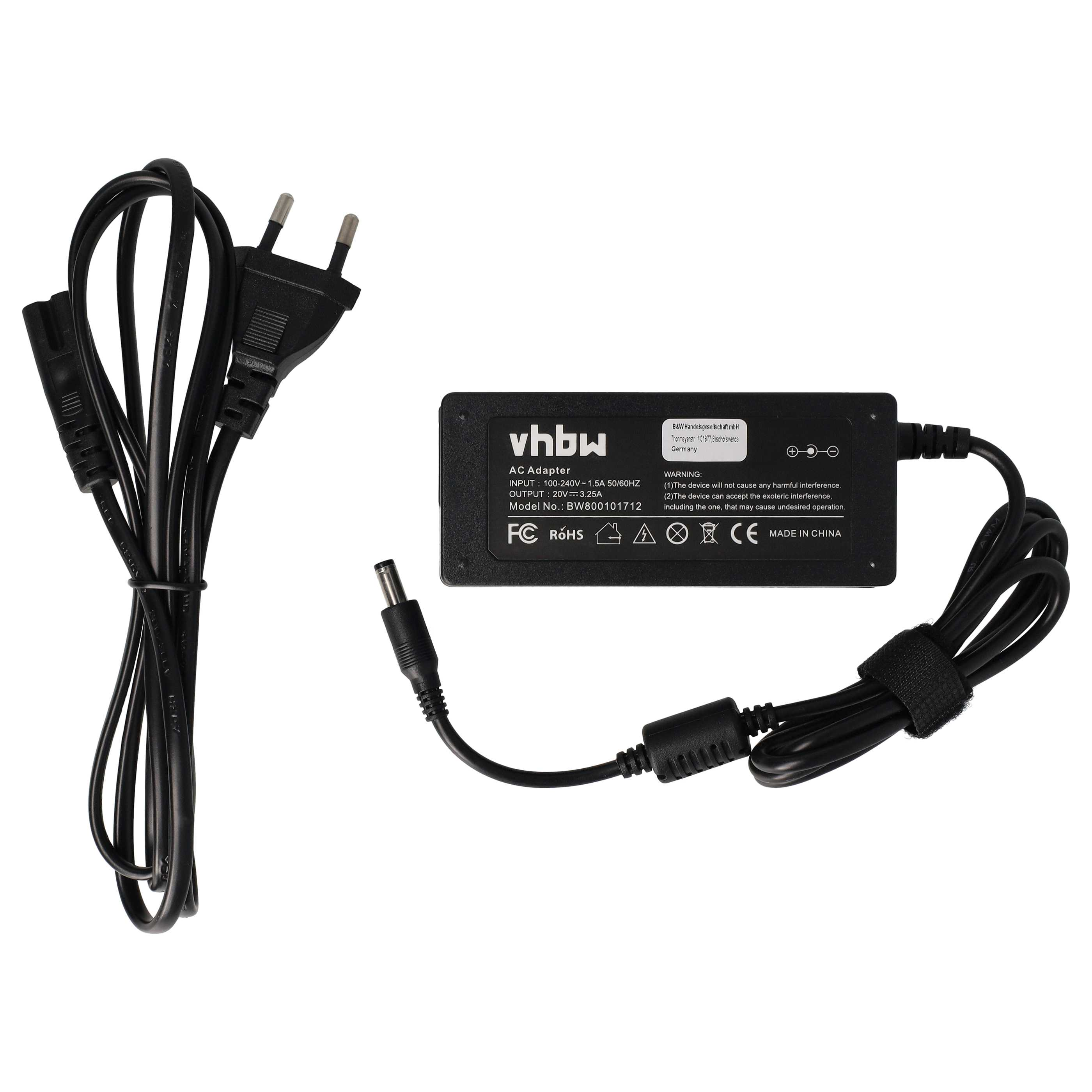 Ein AC-Adapter mit schwarzem Kabel, Stecker und einer schwarzen Stromversorgung. Das Netzteil hat das vhbw-Logo und Spezifikationen.