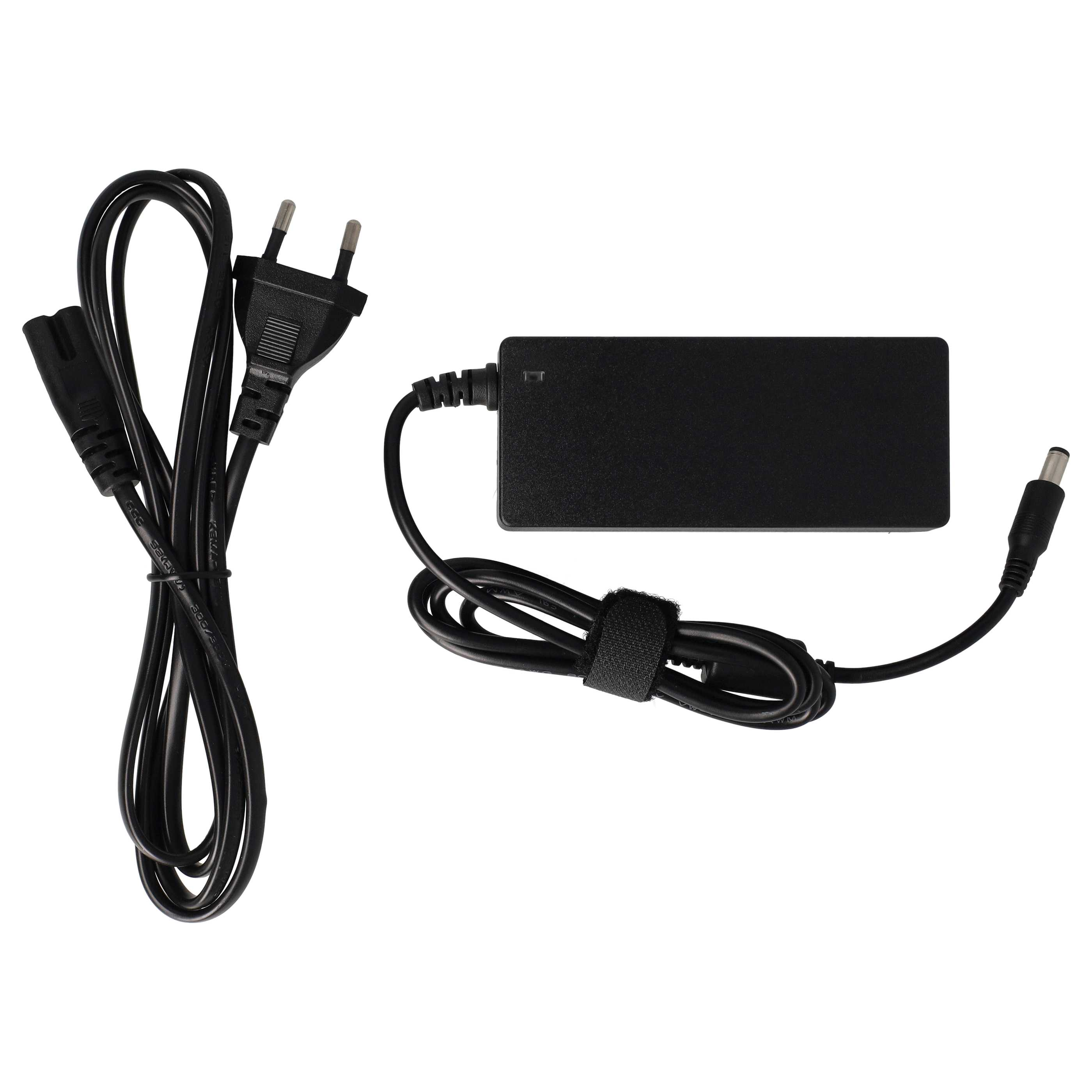 Schwarzes Netzteil mit Stecker und Kabel. Der Adapter ist rechteckig. Kabel sind schwarz.