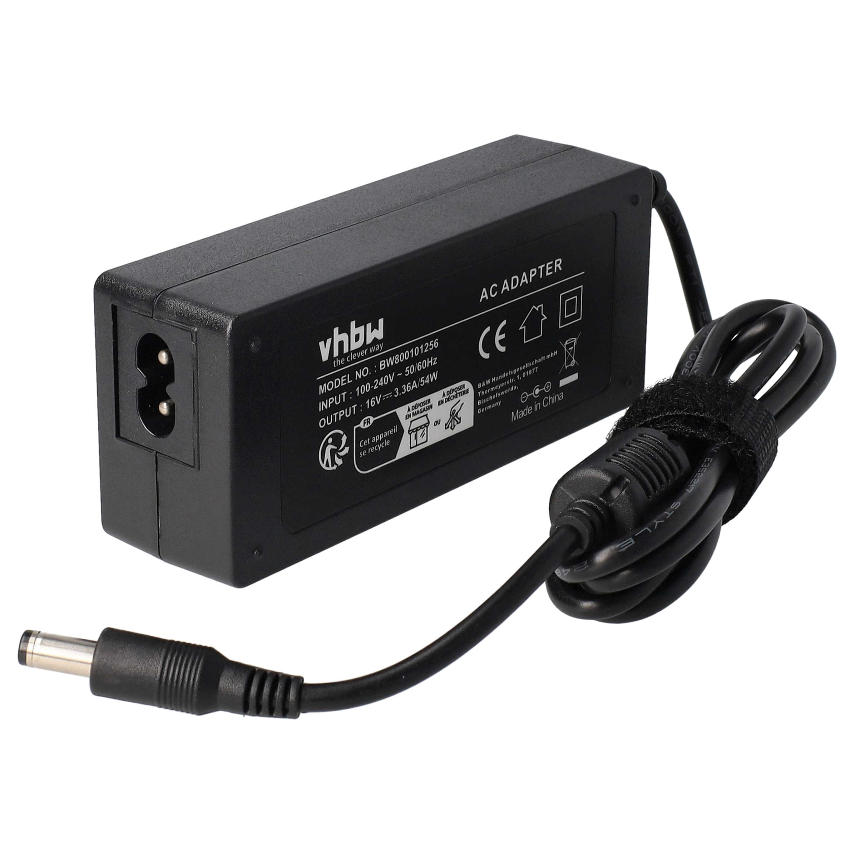 Schwarzes Netzteil mit schwarzem Kabel und Stecker. Es hat ein Etikett mit der Aufschrift 'AC Adapter' und 'Made in China'.