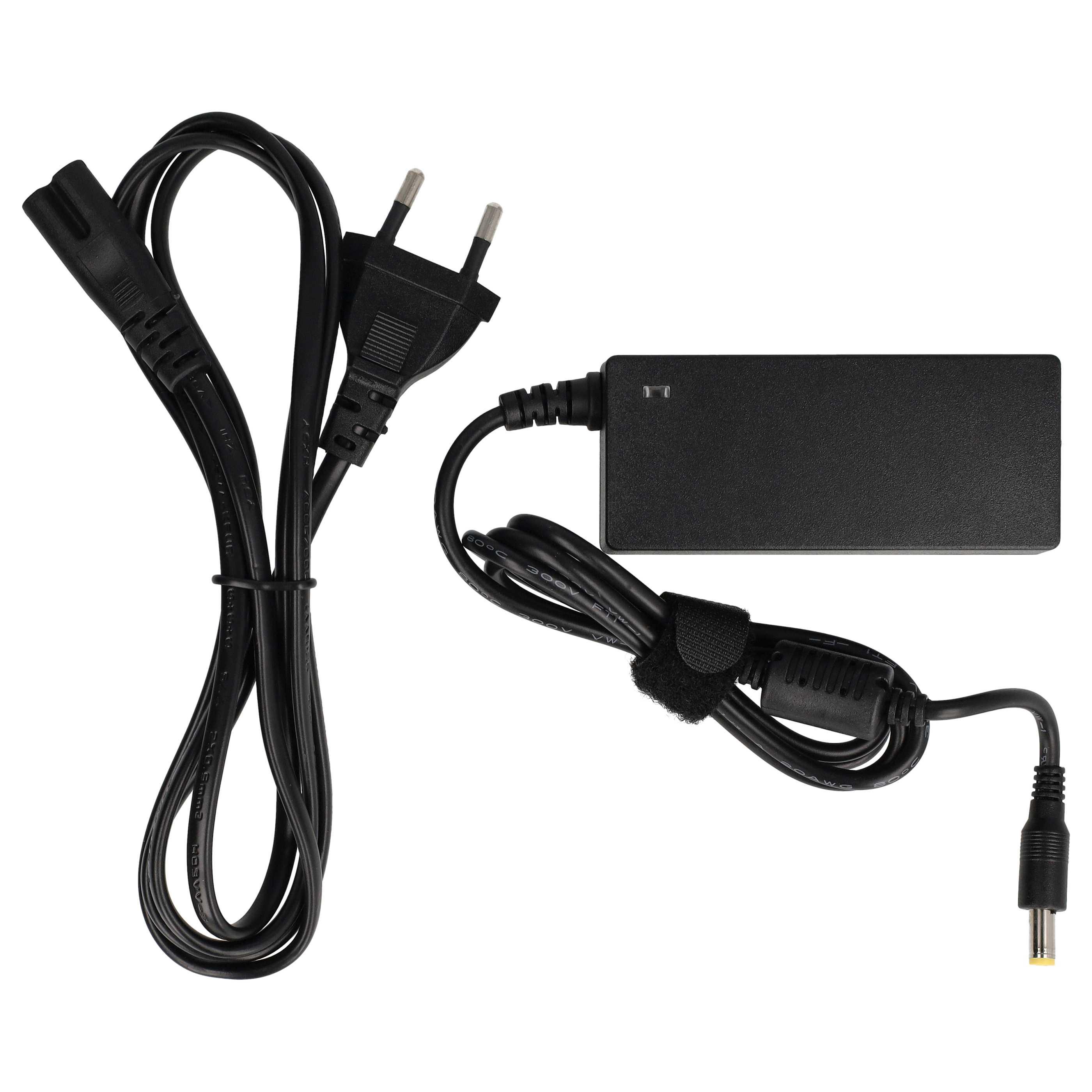 Schwarzes Laptop-Ladegerät mit Stecker und Kabel. Enthält ein Netzteil und einen Anschluss. Isoliert auf weißem Hintergrund.