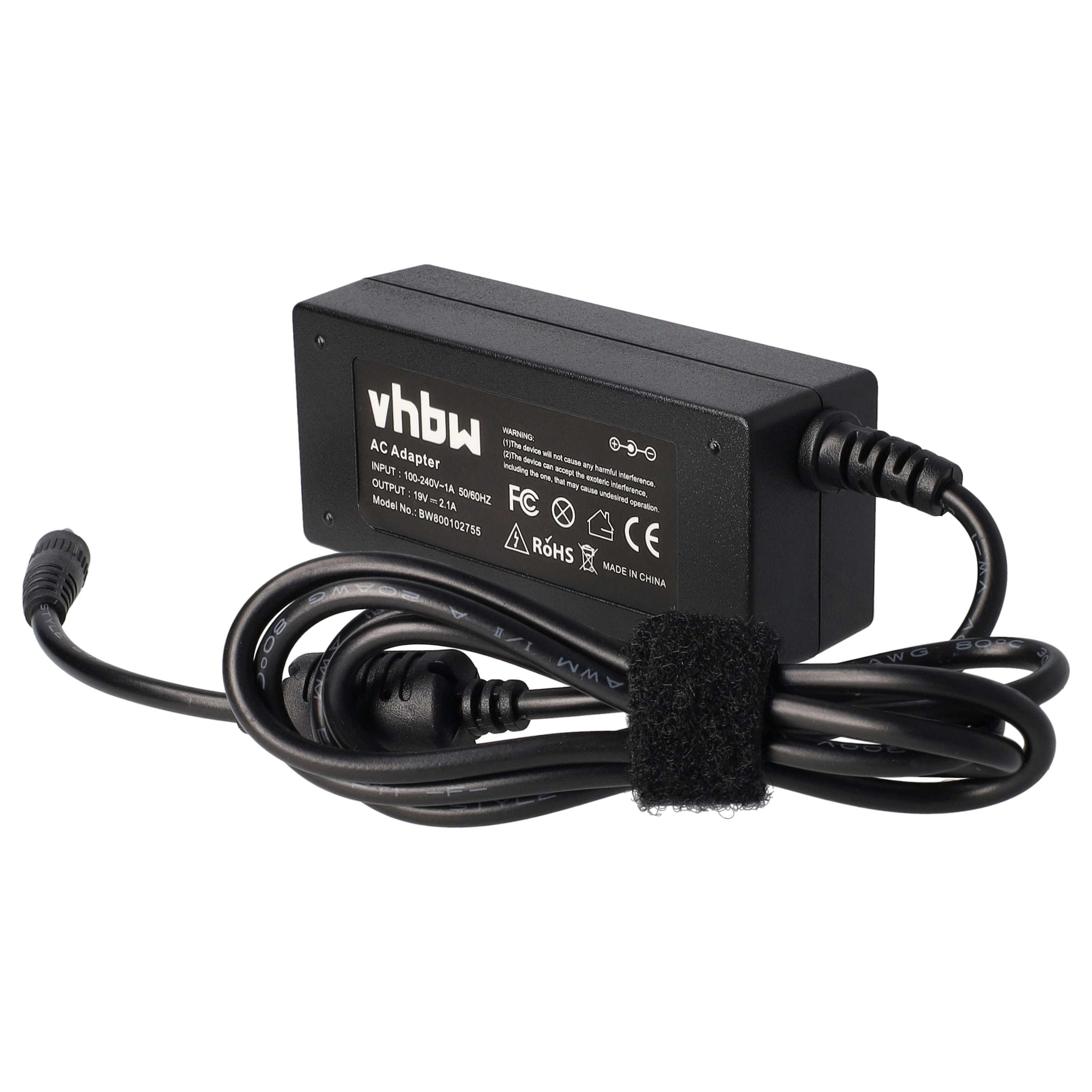 Schwarzes AC-Adapter mit Kabel. Das Adapter ist mit 'vhbw' beschriftet. Das Kabel hat einen Klettverschluss und ist gerollt.