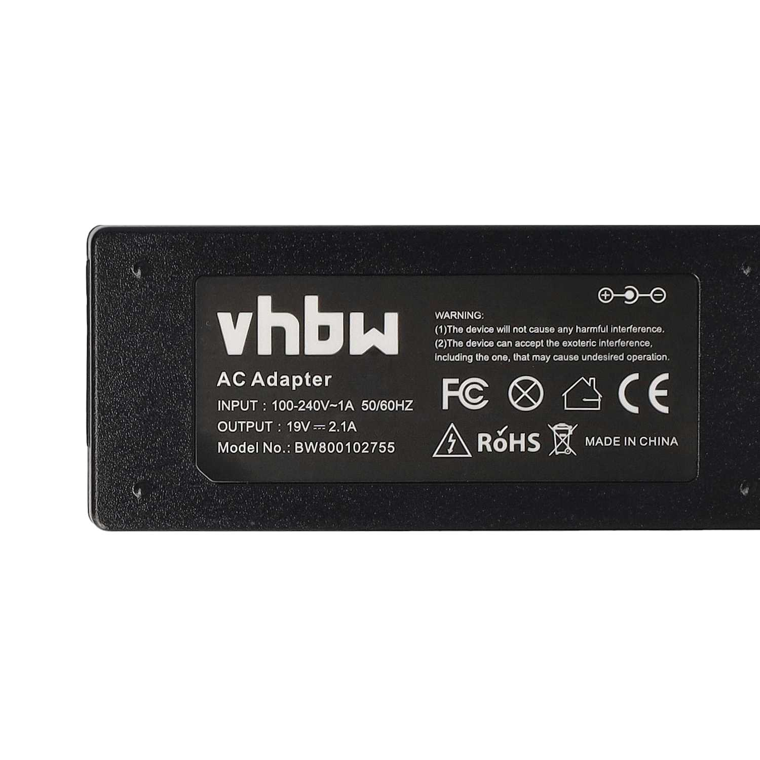 Schwarzes Netzteil mit 'vhbw'-Logo, Eingangs- und Ausgangsdetails, Warnhinweisen und Zertifizierungen wie FC, CE und RoHS. Hergestellt in China.