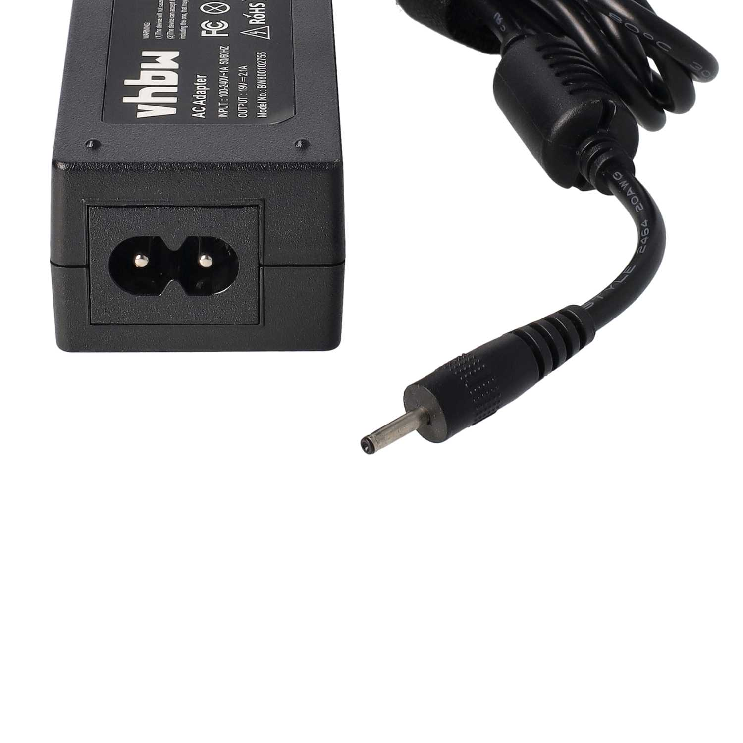 Schwarzes AC-Netzteil mit Netzkabel und Stecker. Der Adapter hat die Marke vhbw und technische Daten.