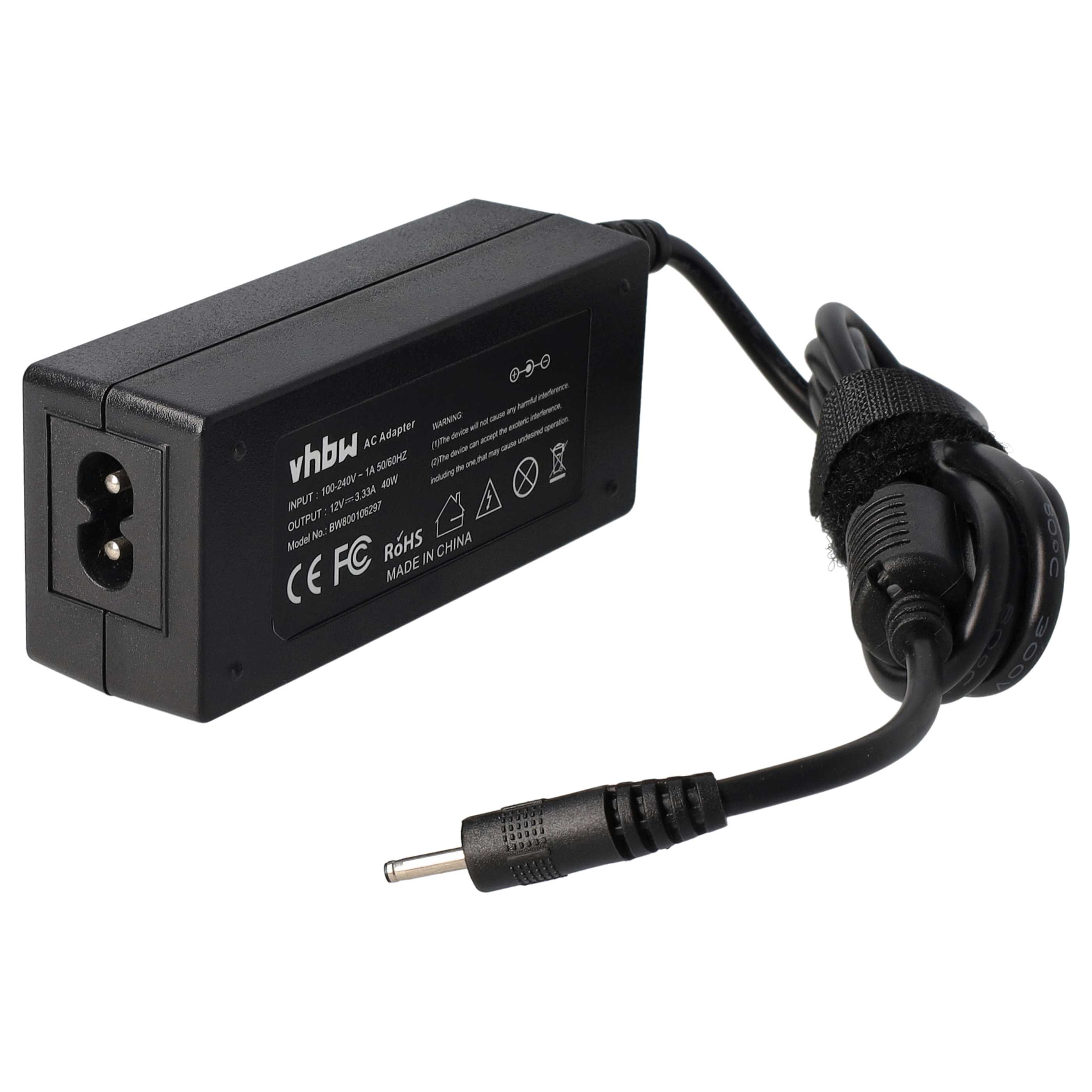 Schwarzer AC-Adapter mit Kabel und Stecker. Er hat ein Etikett mit Text und Symbolen.