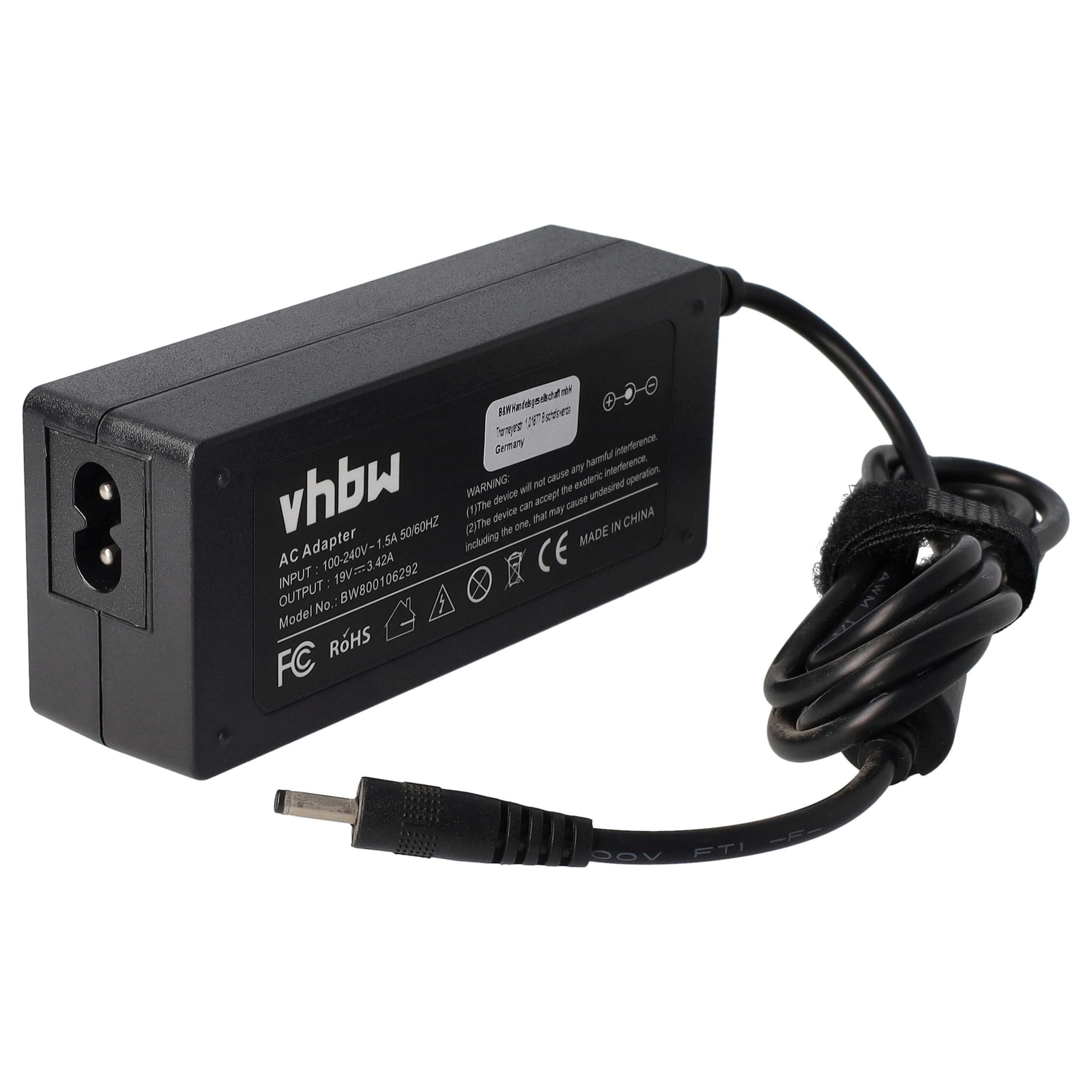 Schwarzer AC-Adapter mit Stecker und schwarzem Kabel. Auf dem Etikett des Adapters steht 'vhbw' und technische Daten.