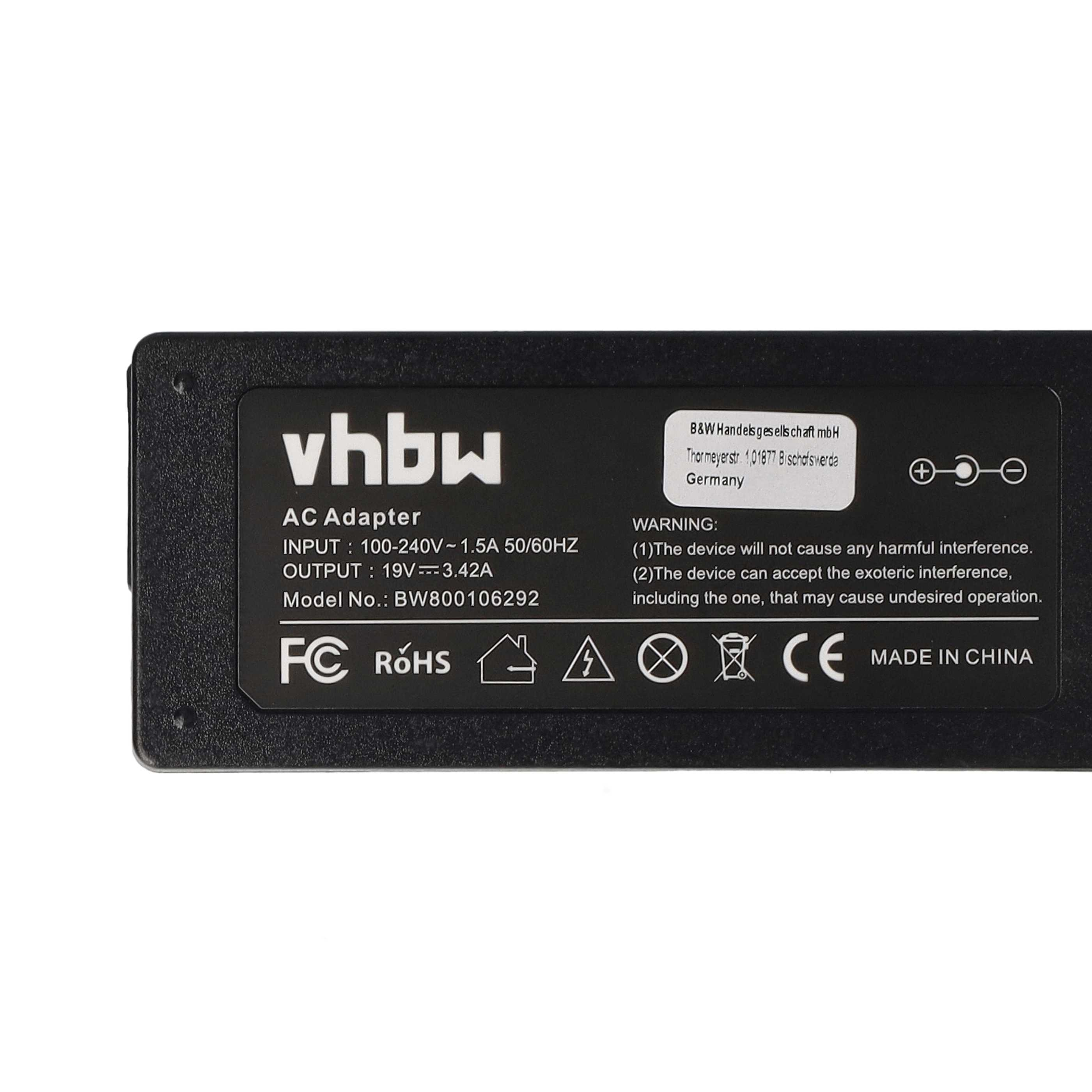 Schwarzer AC-Adapter mit weißem Text: 'vhbw', Spezifikationen, Warnungen und Symbole. 'Made in China' ist aufgedruckt.