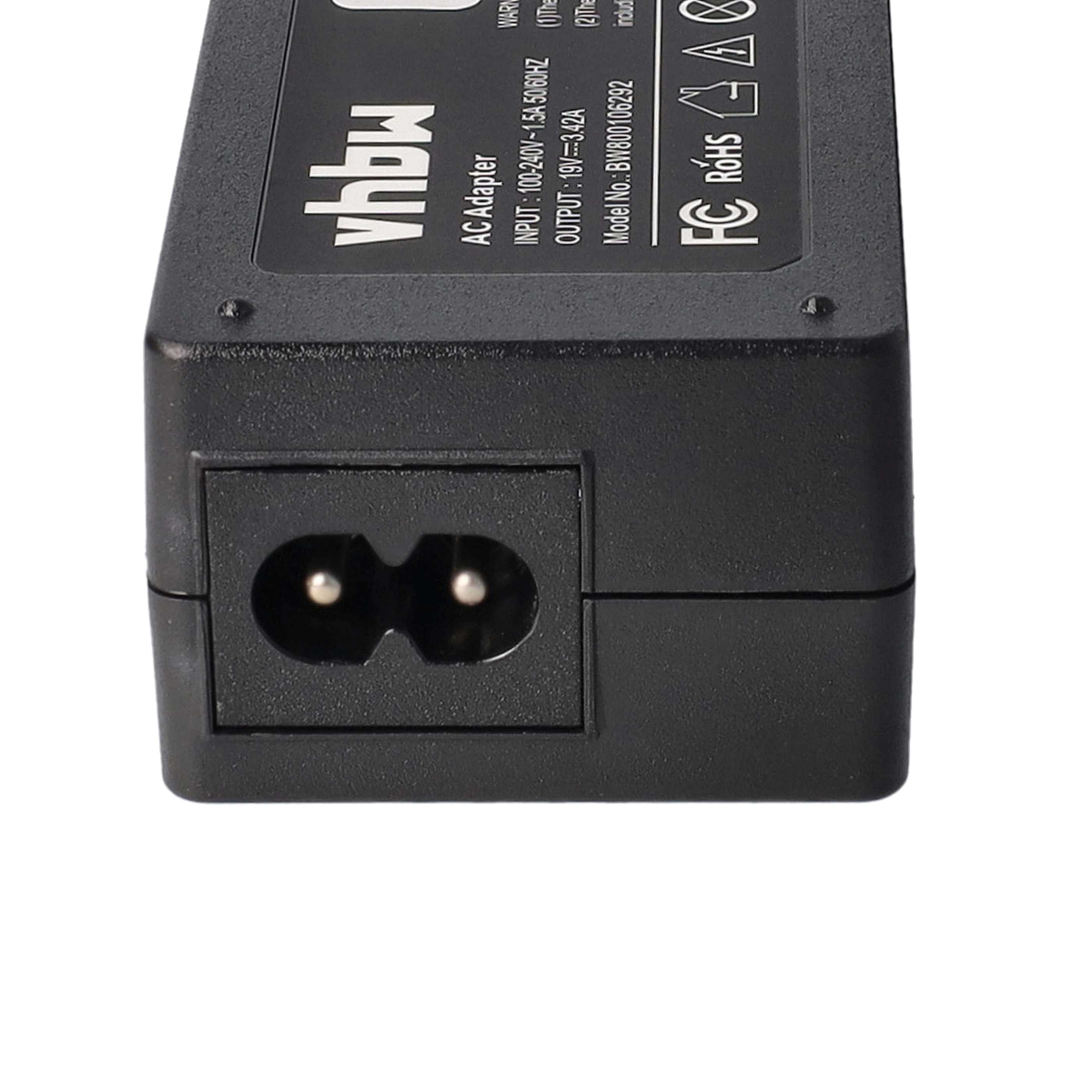 Schwarzes AC-Netzteil mit Zweipol-Stecker, mit Text: AC-Adapter, Eingangs- und Ausgangsspezifikationen. Weißer Hintergrund.