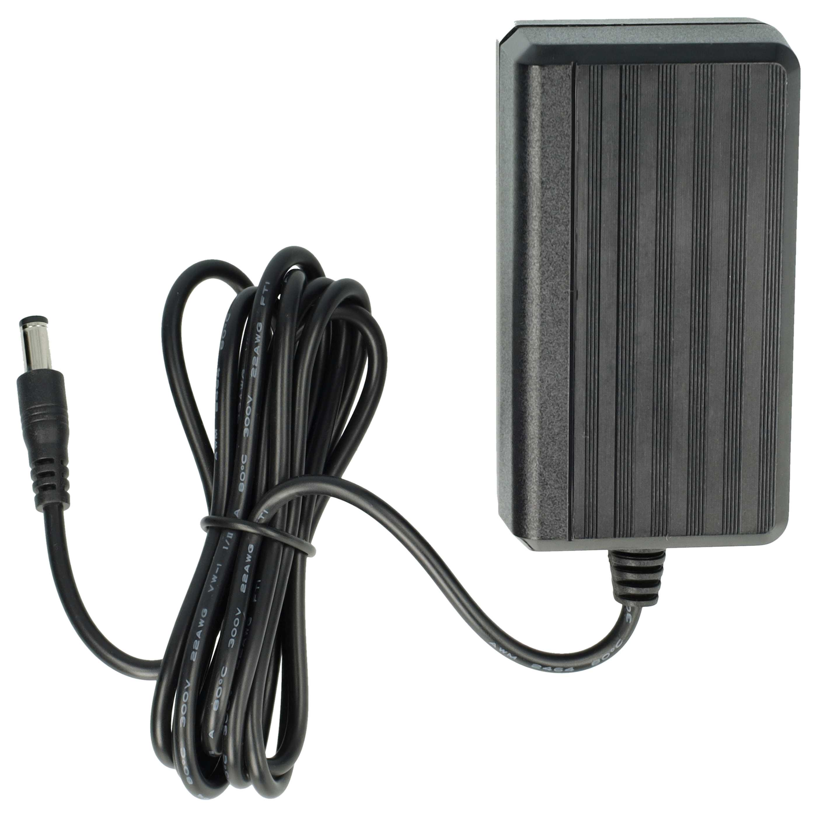 Ein schwarzes Netzteil mit schwarzem Kabel und Stecker auf weißem Hintergrund.