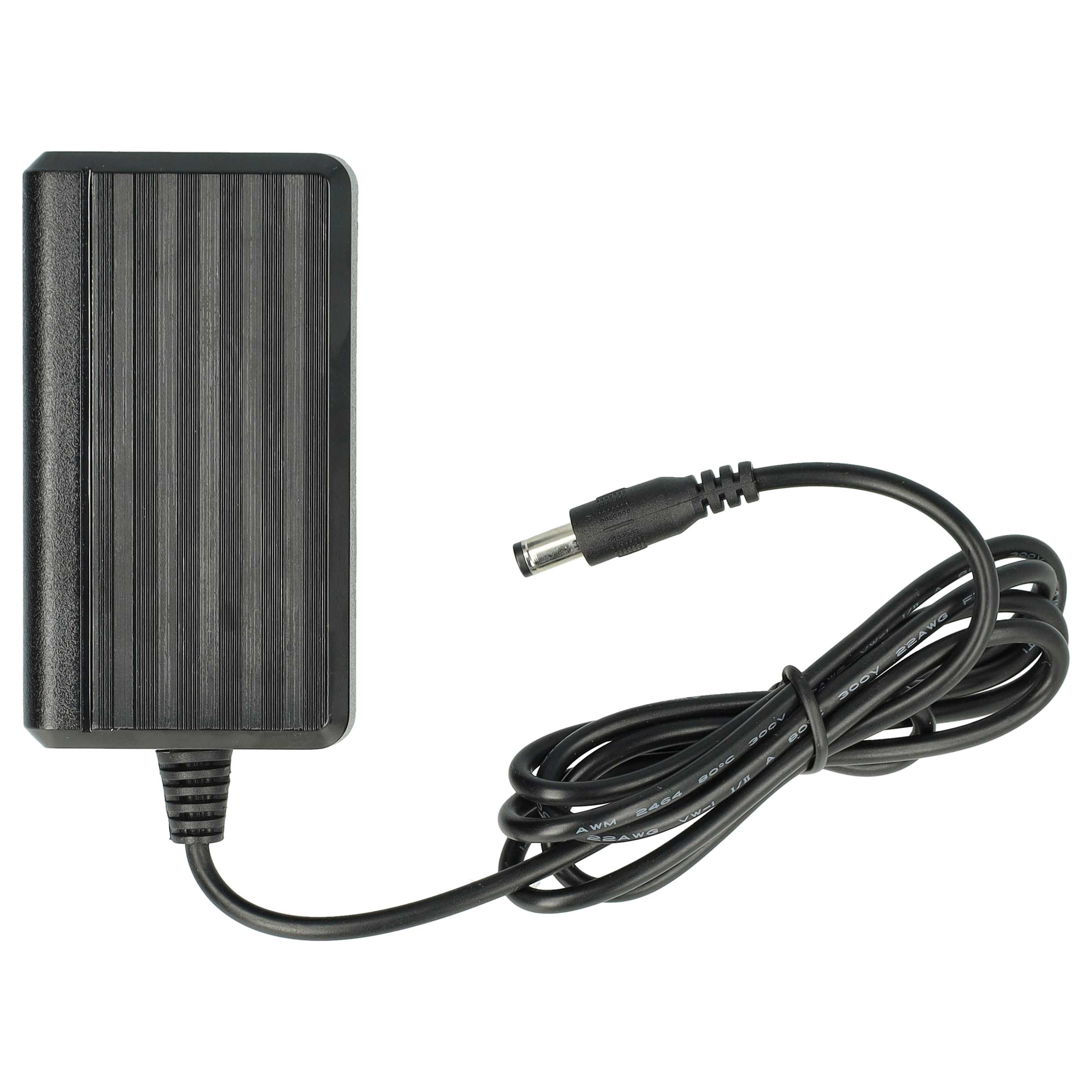 Ein schwarzes Netzteil mit einem Gleichstromanschluss. Der Adapter hat eine gerippte Oberfläche und ein schwarzes Kabel.