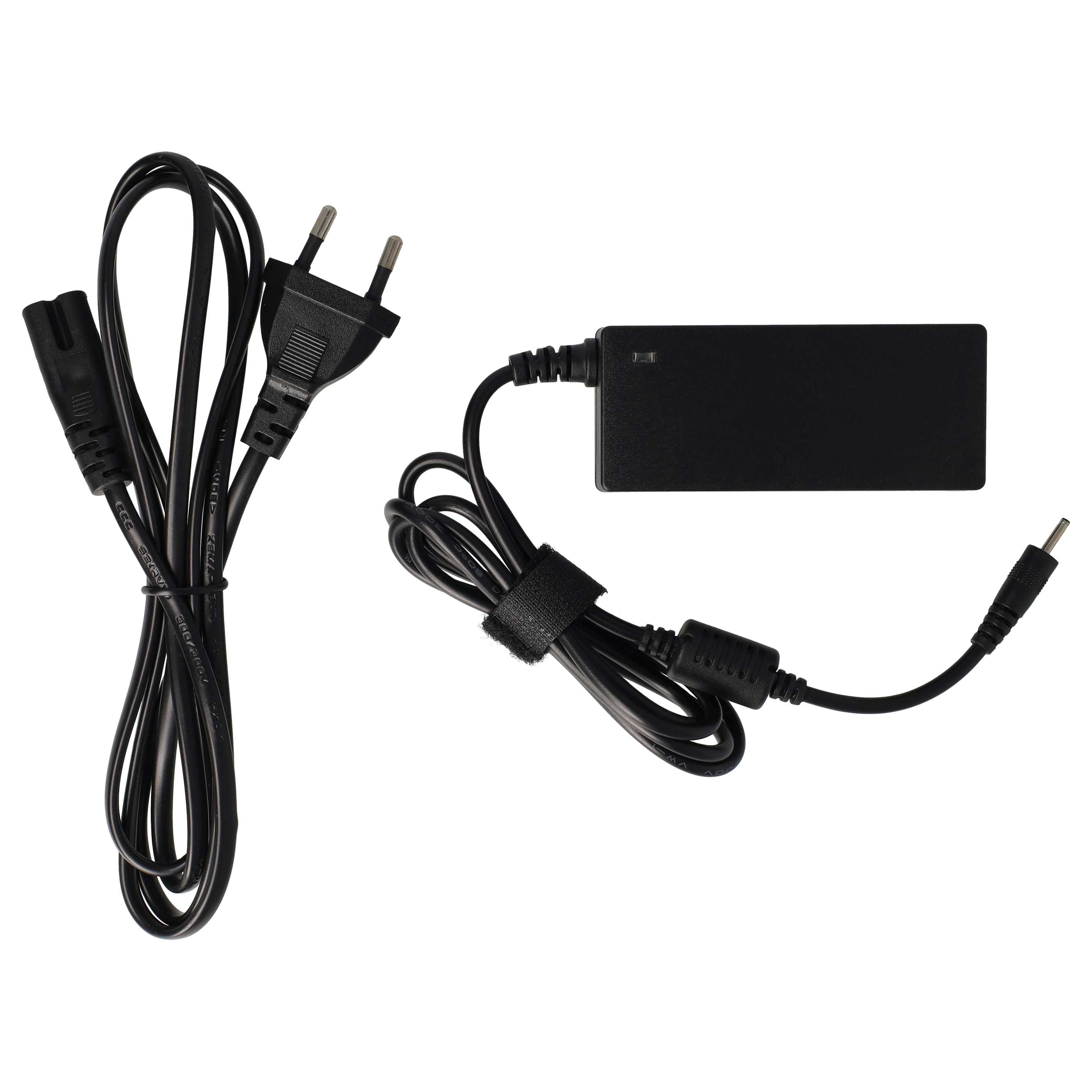Schwarzes Laptop-Ladegerät mit Zweipolstecker und kleinem rechteckigem Netzteil mit angeschlossenem Kabel.