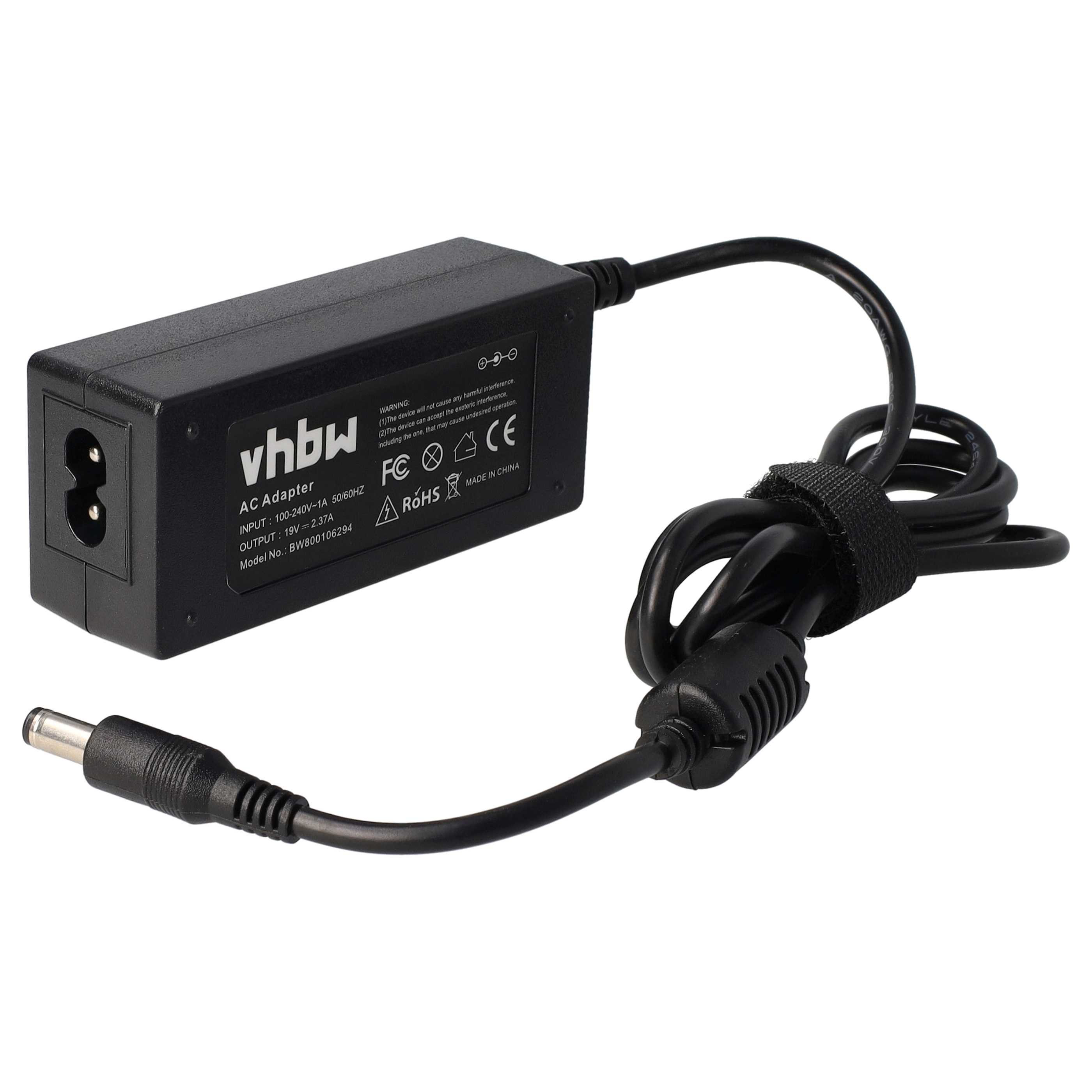 Schwarzes AC-Netzteil mit Netzkabel, Stecker und der Marke vhbw. Es hat Sicherheitszertifizierungen.