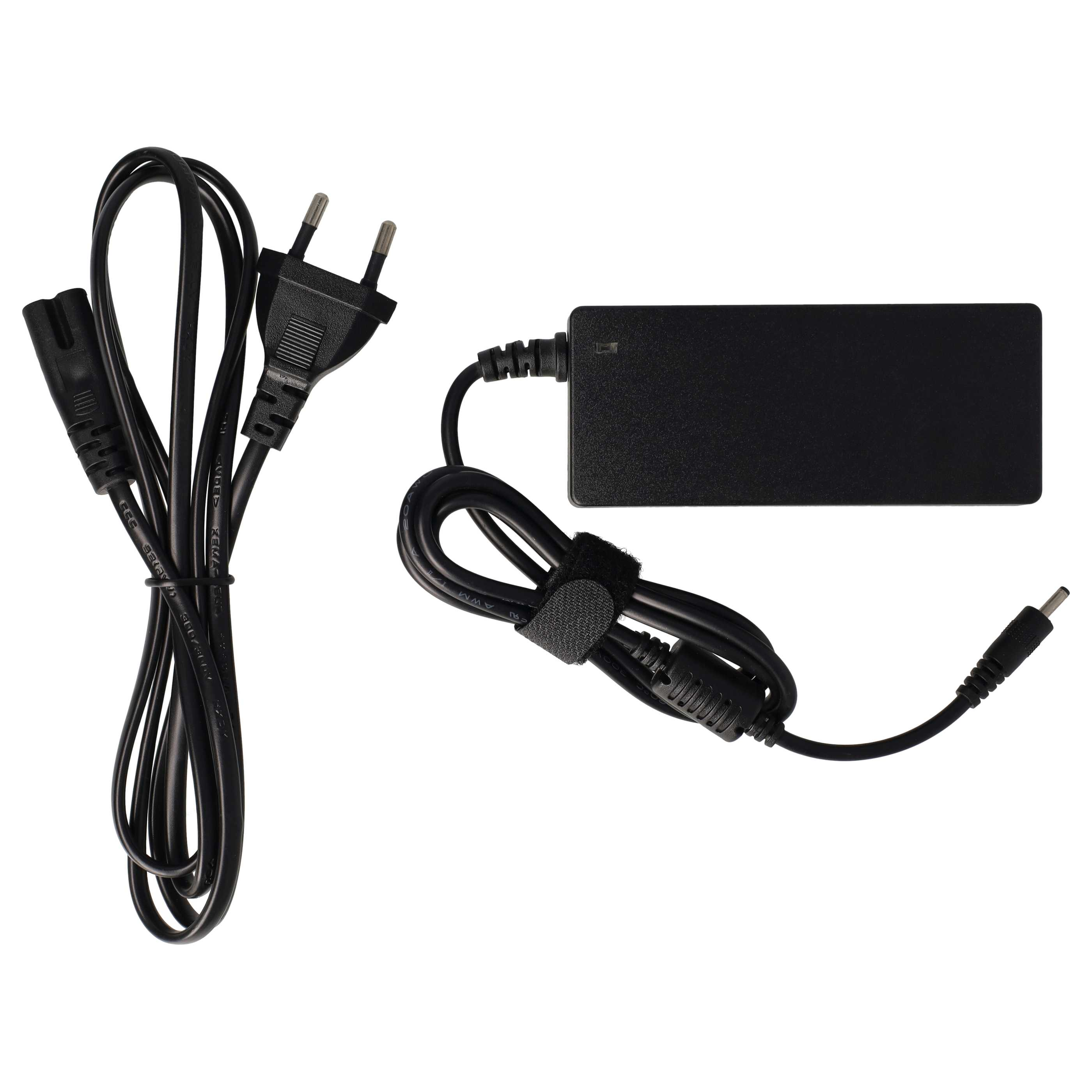 Schwarzes Laptop-Ladegerät mit zwei Netzkabeln und einem Netzteil. Das Netzteil ist schwarz und die Kabel sind schwarz.