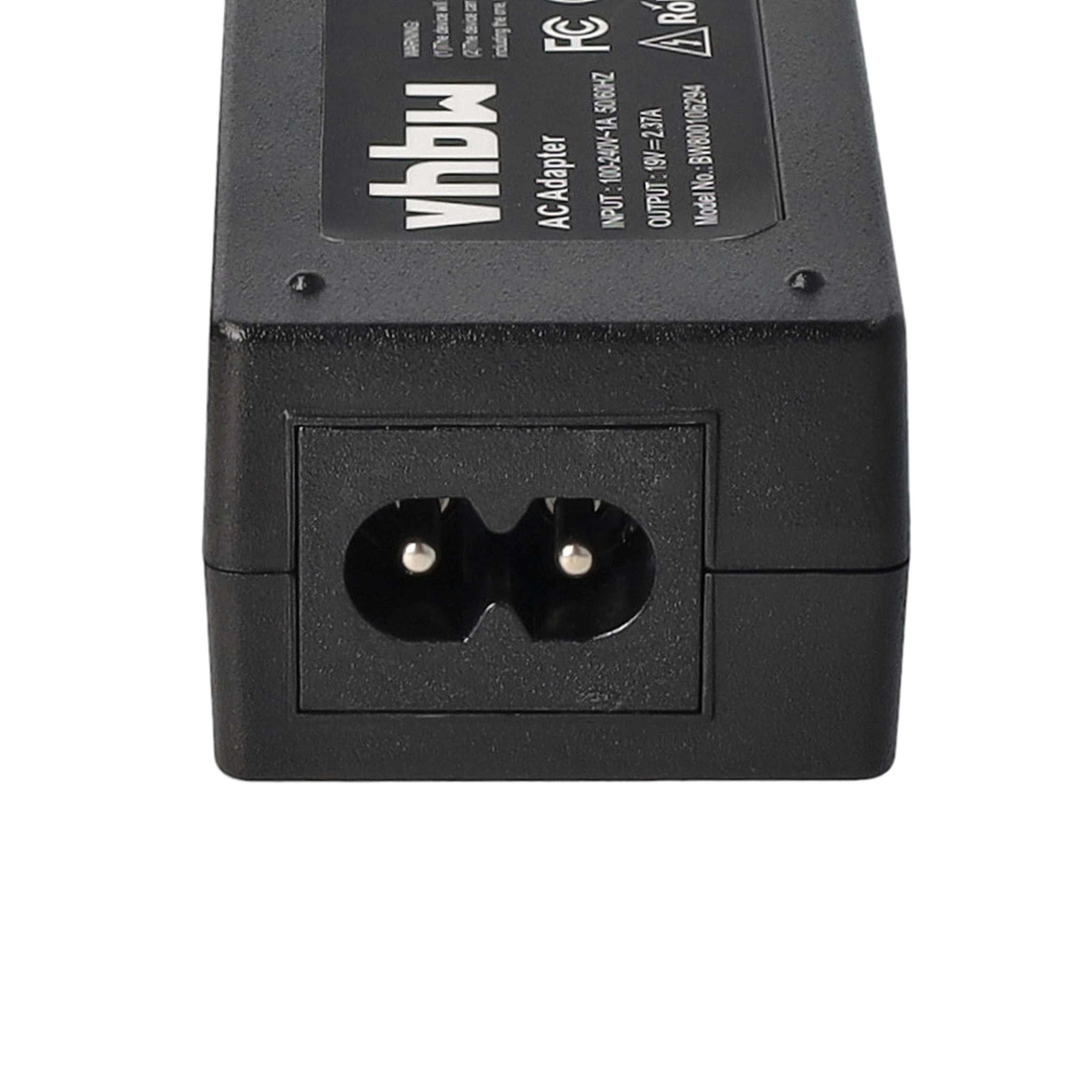 Nahaufnahme eines schwarzen AC-Adapters mit Stromeingang. Er hat Text und eine Zweipol-Steckdose.