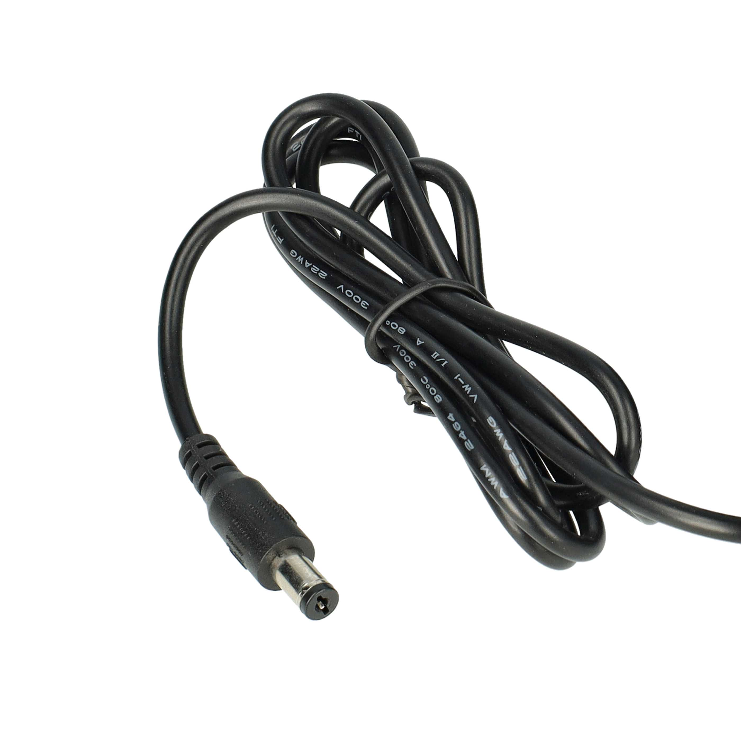 Schwarzes Netzkabel mit DC-Anschluss. Das Kabel ist aufgerollt. Der Hintergrund ist weiß.