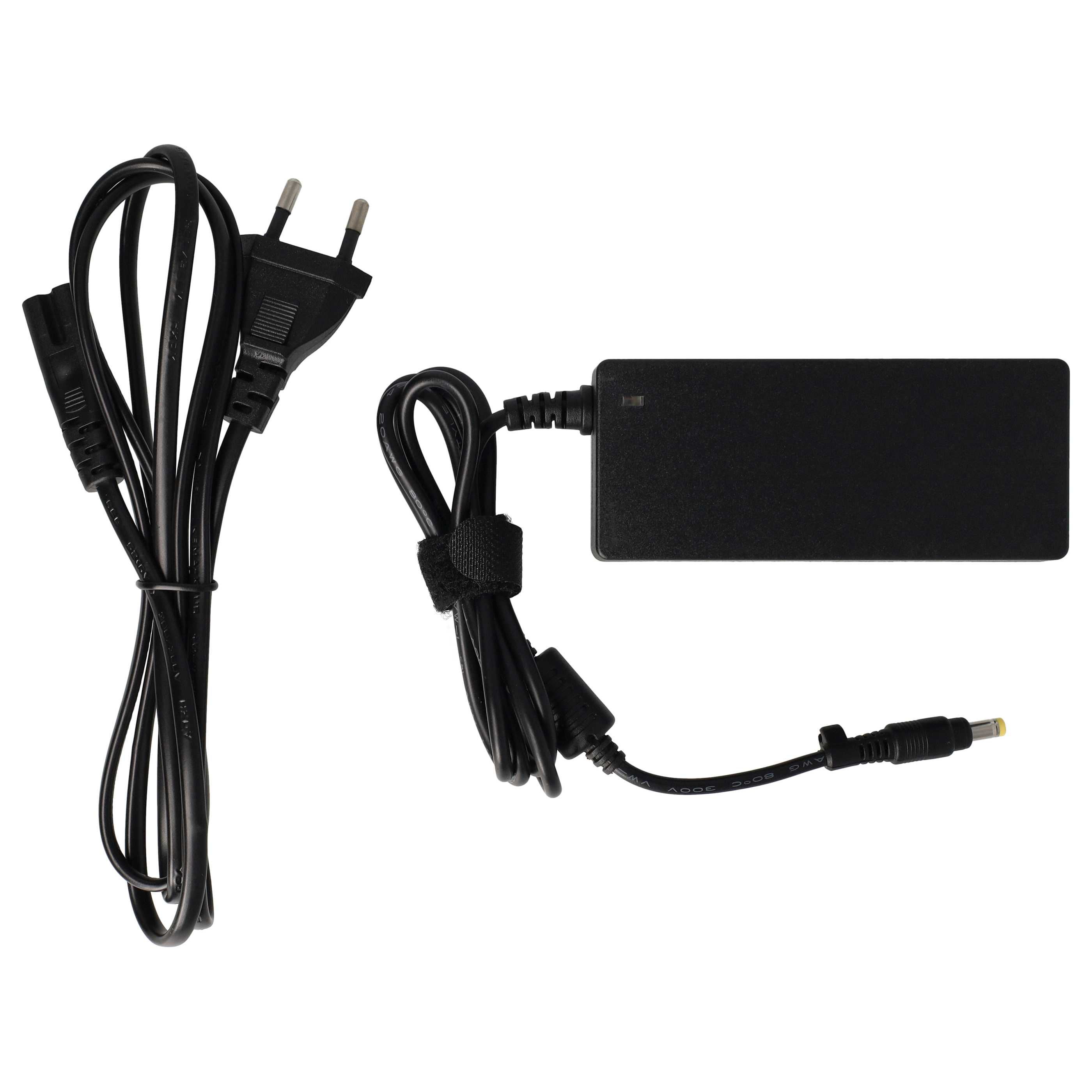 Schwarzes Laptop-Netzteil mit Kabeln und Stecker auf weißem Hintergrund.