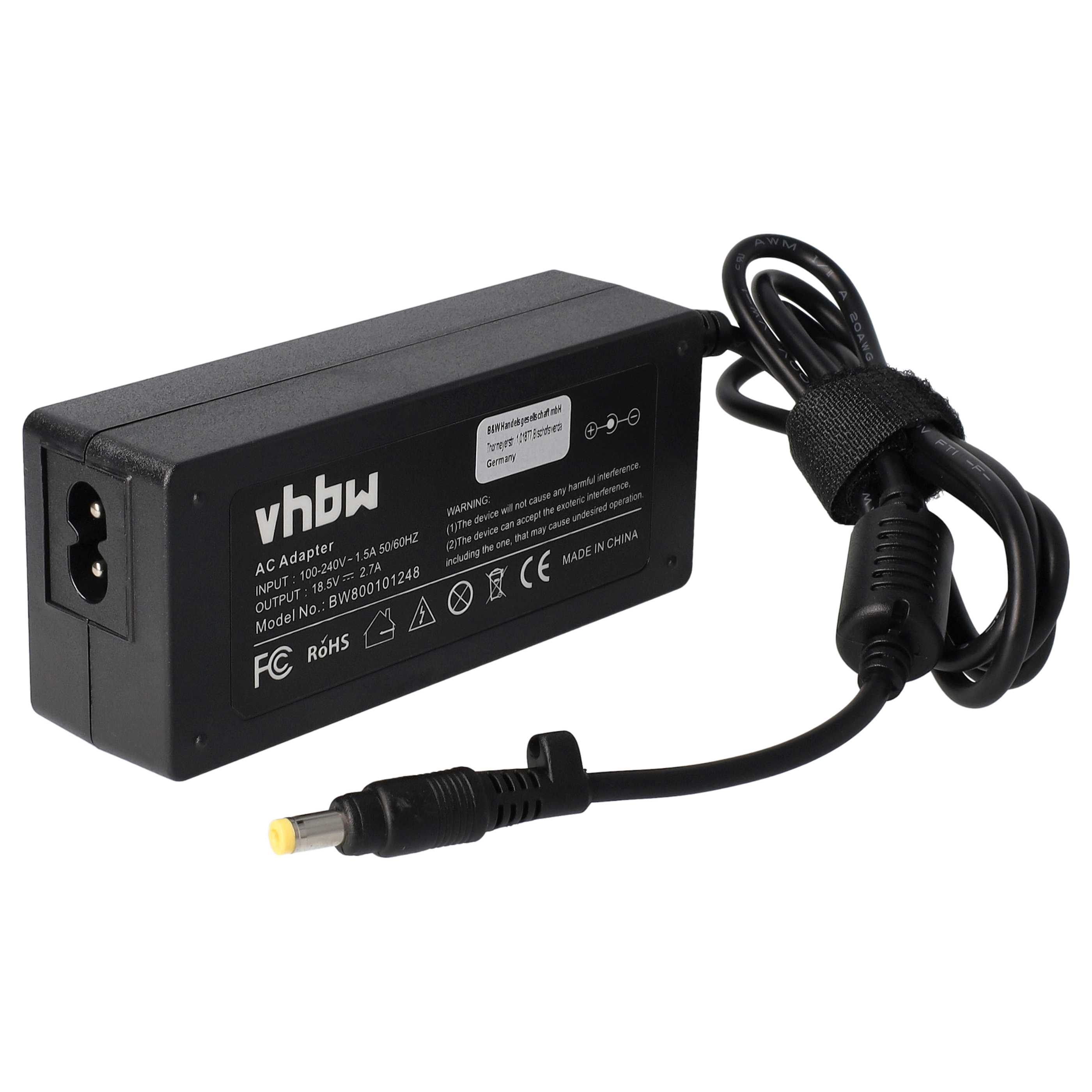 Ein schwarzes AC-Netzteil mit schwarzem Kabel und gelbem Stecker. Es trägt den Markennamen vhbw.
