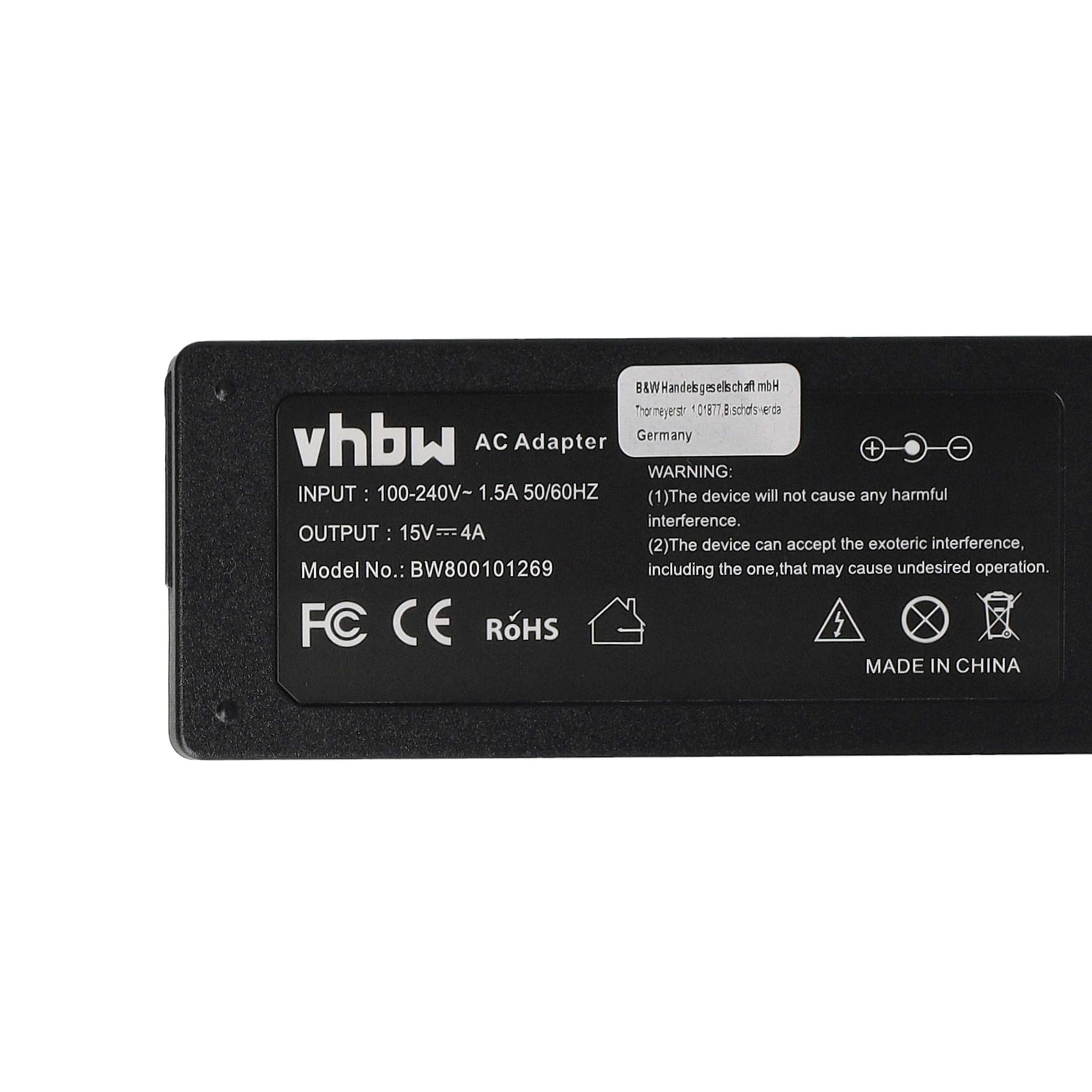 Schwarzer AC-Adapter mit weißem Text. Text enthält 'vhbw', Eingangs-/Ausgangsspannung, Modellnummer und Sicherheitssymbole. Hergestellt in China.