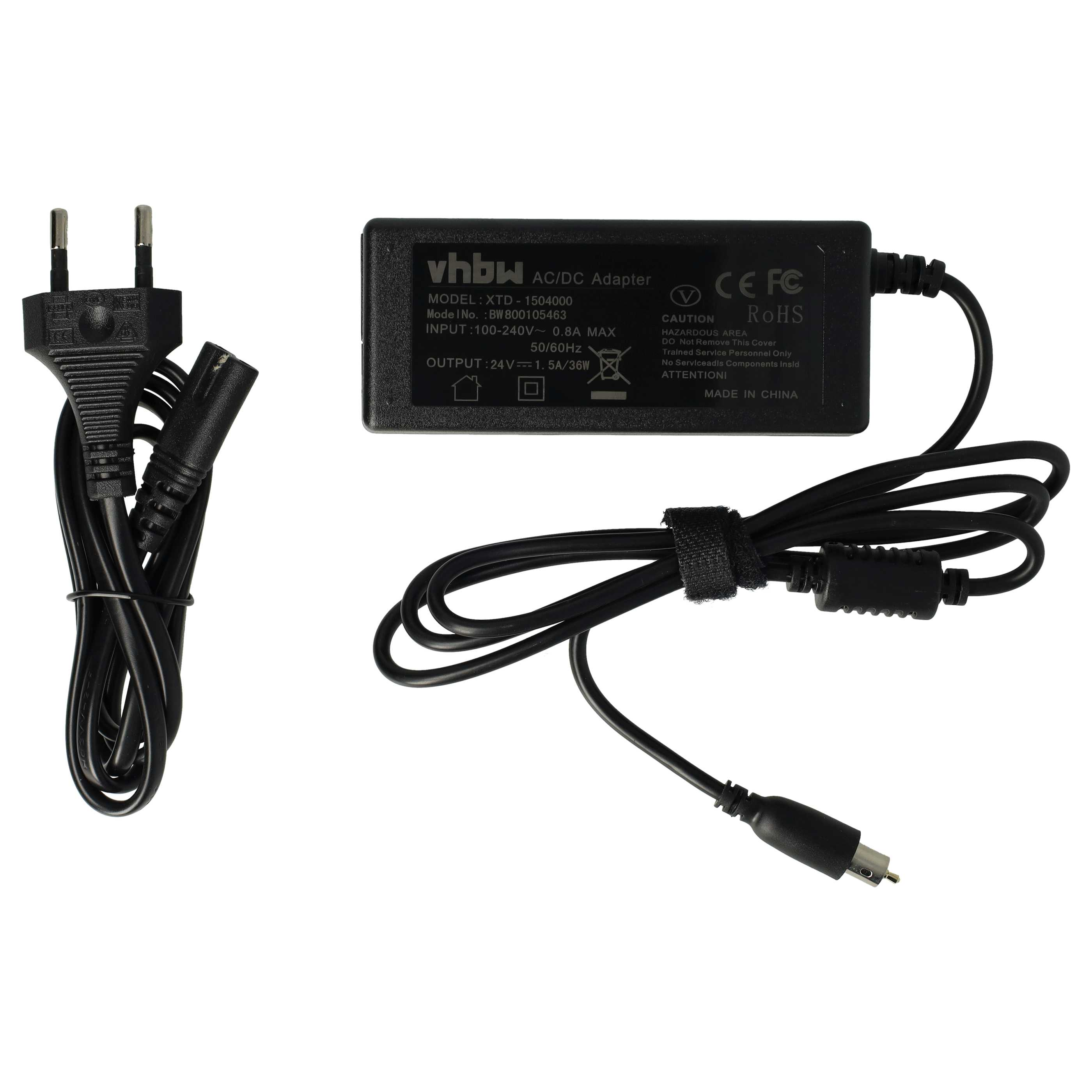 Ein AC/DC-Adapter mit schwarzem Kabel und Stecker. Der Adapter ist schwarz und hat Text, der Stecker ist europäisch.