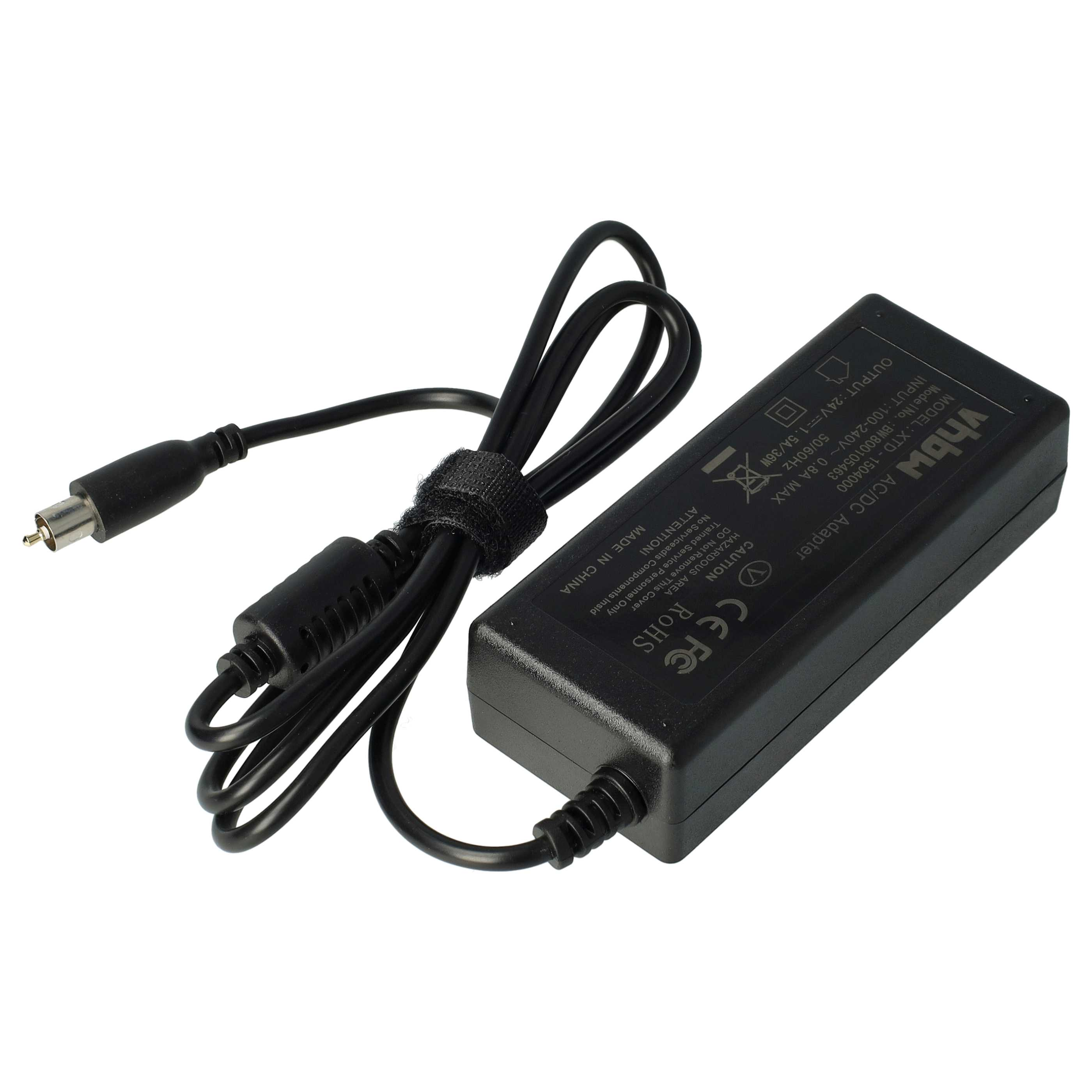 Schwarzes AC/DC-Netzteil mit schwarzem Kabel und Stecker. Der Adapter hat Text und Logos.