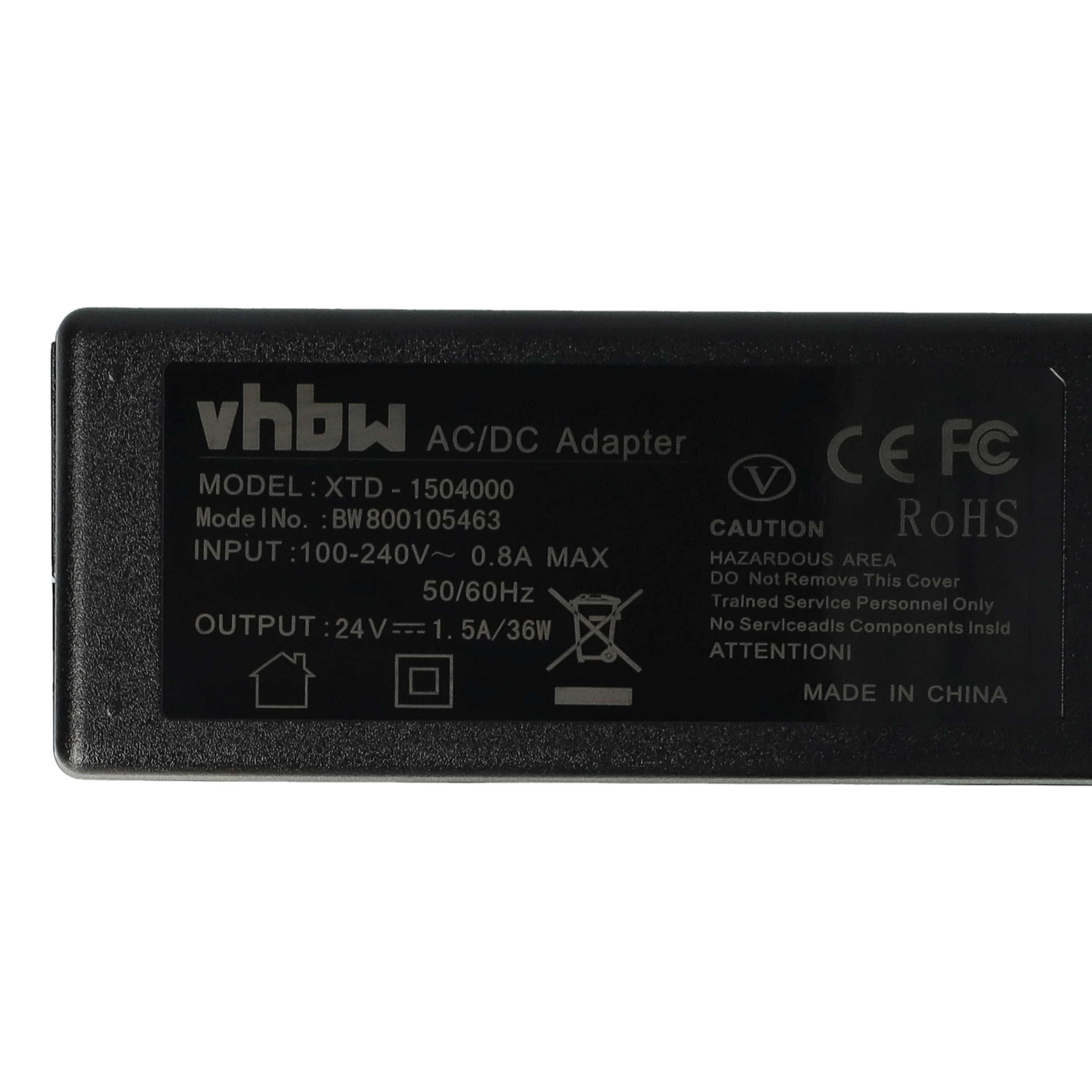 Schwarzes AC/DC-Adapteretikett mit weißer Schrift. Enthält das vhbw-Logo, Modellinformationen, Ein-/Ausgang und Sicherheitszertifizierungen.