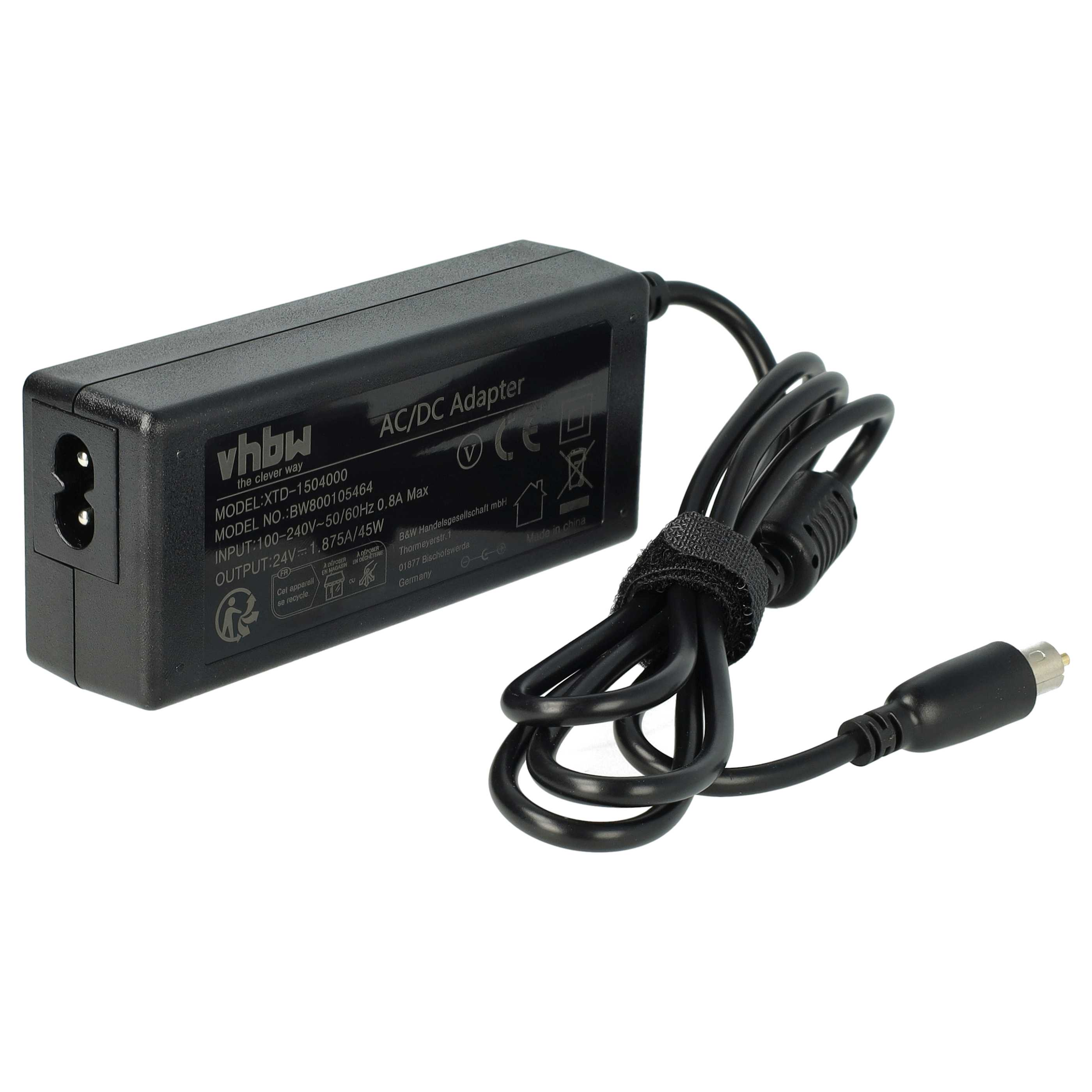 Schwarzes AC/DC-Netzteil mit angeschlossenem Kabel. Das Netzteil ist beschriftet, das Kabel hat einen Stecker.