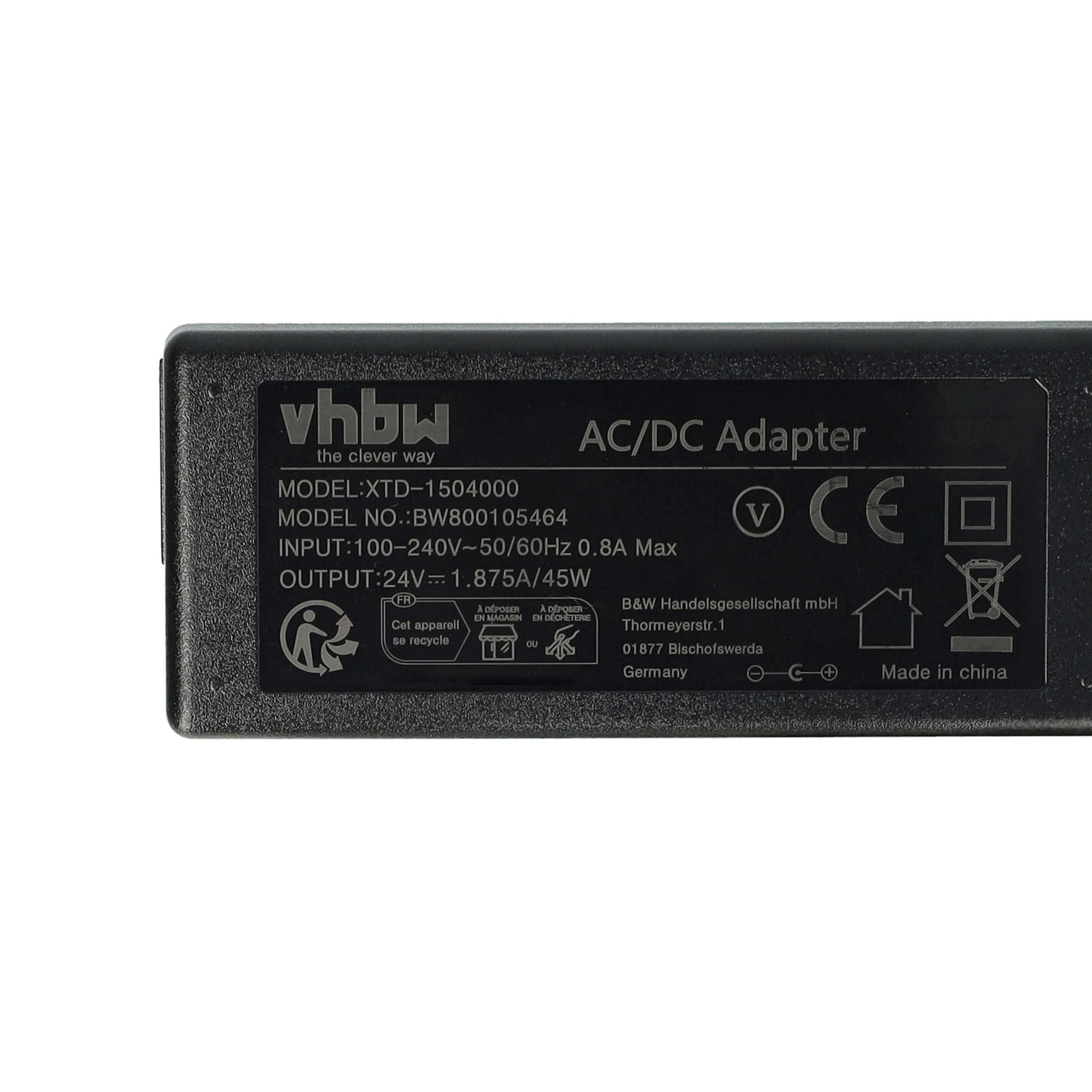Schwarzes AC/DC-Adapter mit weißem Text. Es hat den Markennamen vhbw und weitere Details wie Modell- und Leistungsinformationen.