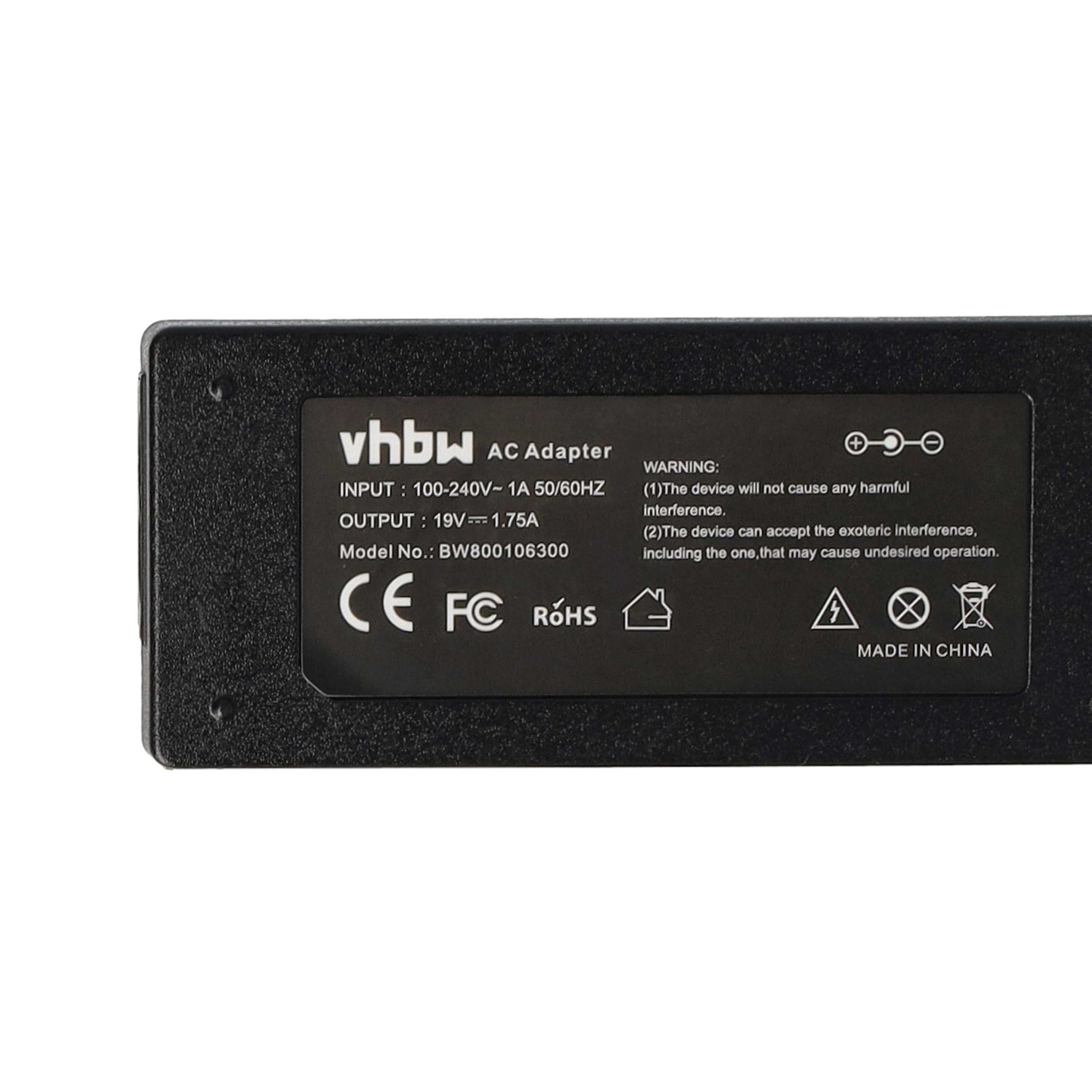 Ein schwarzes Netzteil zeigt weißen Text mit technischen Daten und Warnhinweisen. Logos sind CE, FC, RoHS und Made in China.